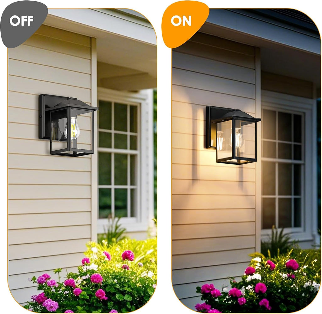 MATAMEYE Outdoor Wall Light Fixture, Exterior Waterproof Porch Lighting | Black Patio Wall Lantern, Anti-Rust, Clear Glass, E26 Socket, Wall Mount Sconce Lighting, Outside Front Door Light Entryway