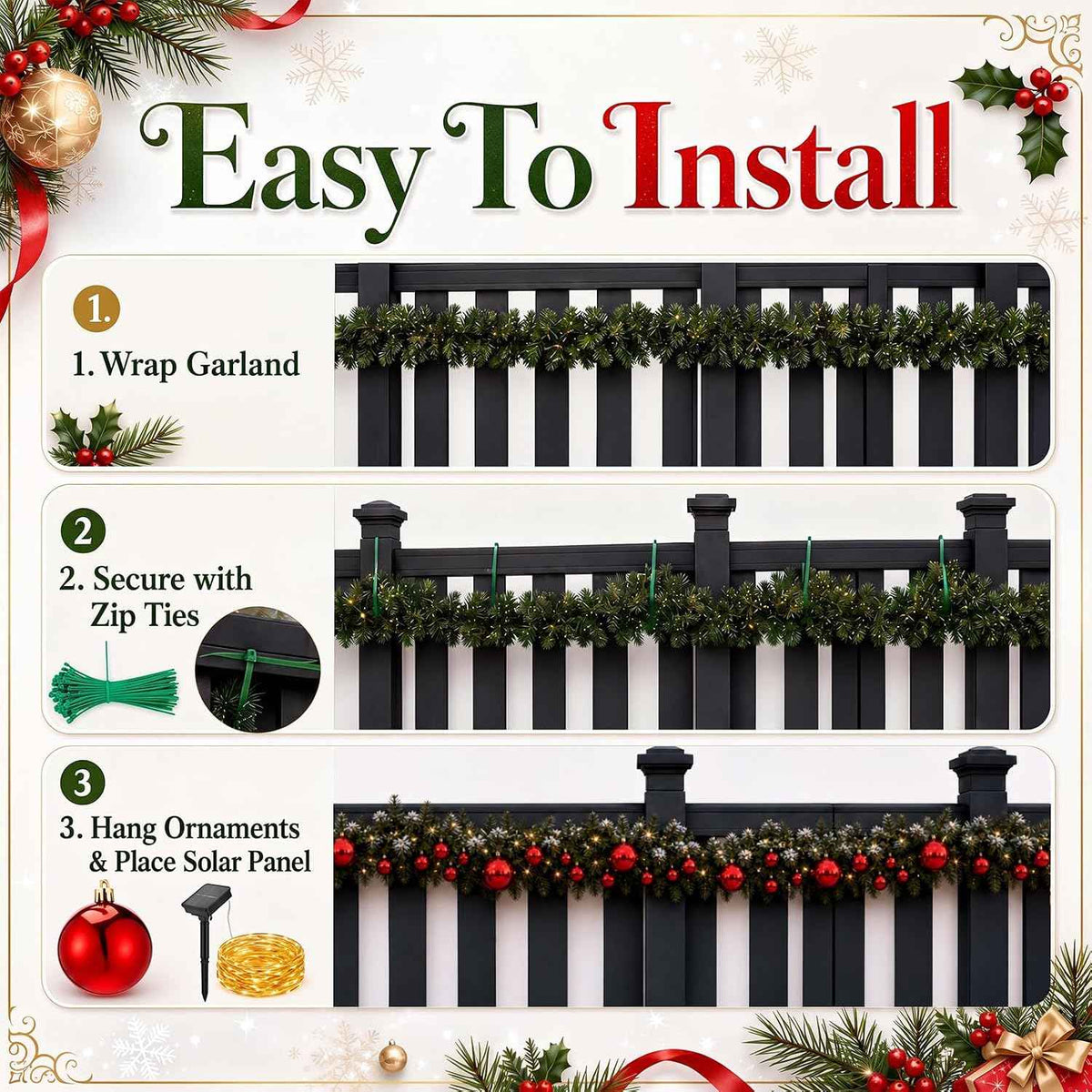 Knitgrip 2 Pack 9ft Christmas Garland Fence Decorations Outdoor with with Solar Light, 40 Pcs Red Balls Ornaments and 100 Pcs Cable Ties for Patio Eaves Railing Porch Door Staircase Yard Holiday