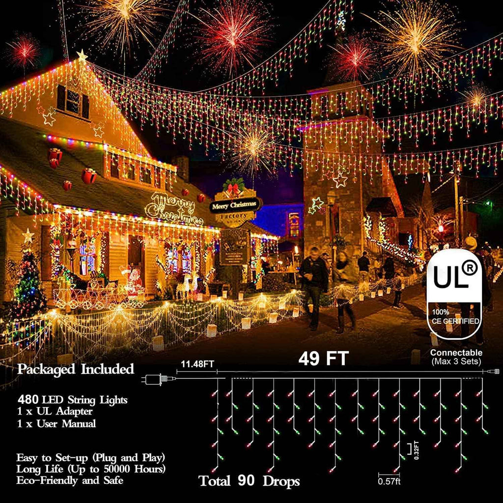 480 LED 49FT Christmas Lights Plug in 8 Modes with Timer Dimmable Christmas Decorations Outdoor Waterproof Indoor Curtain String Lights for Roof Porch Garden Holiday Wedding Party Decor Red + Green
