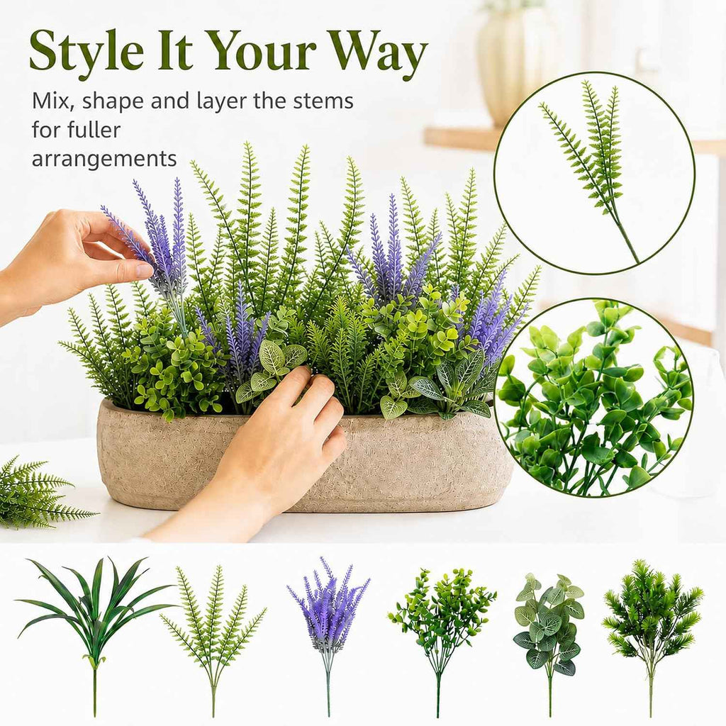Outdoor Faux Plants UV Resistant - 12 Bouquets Realistic Artificial Eucalyptus Persian Leaf Lavender Greenery for Patio Garden Front Porch Decor Weatherproof Fake Plants for Outside