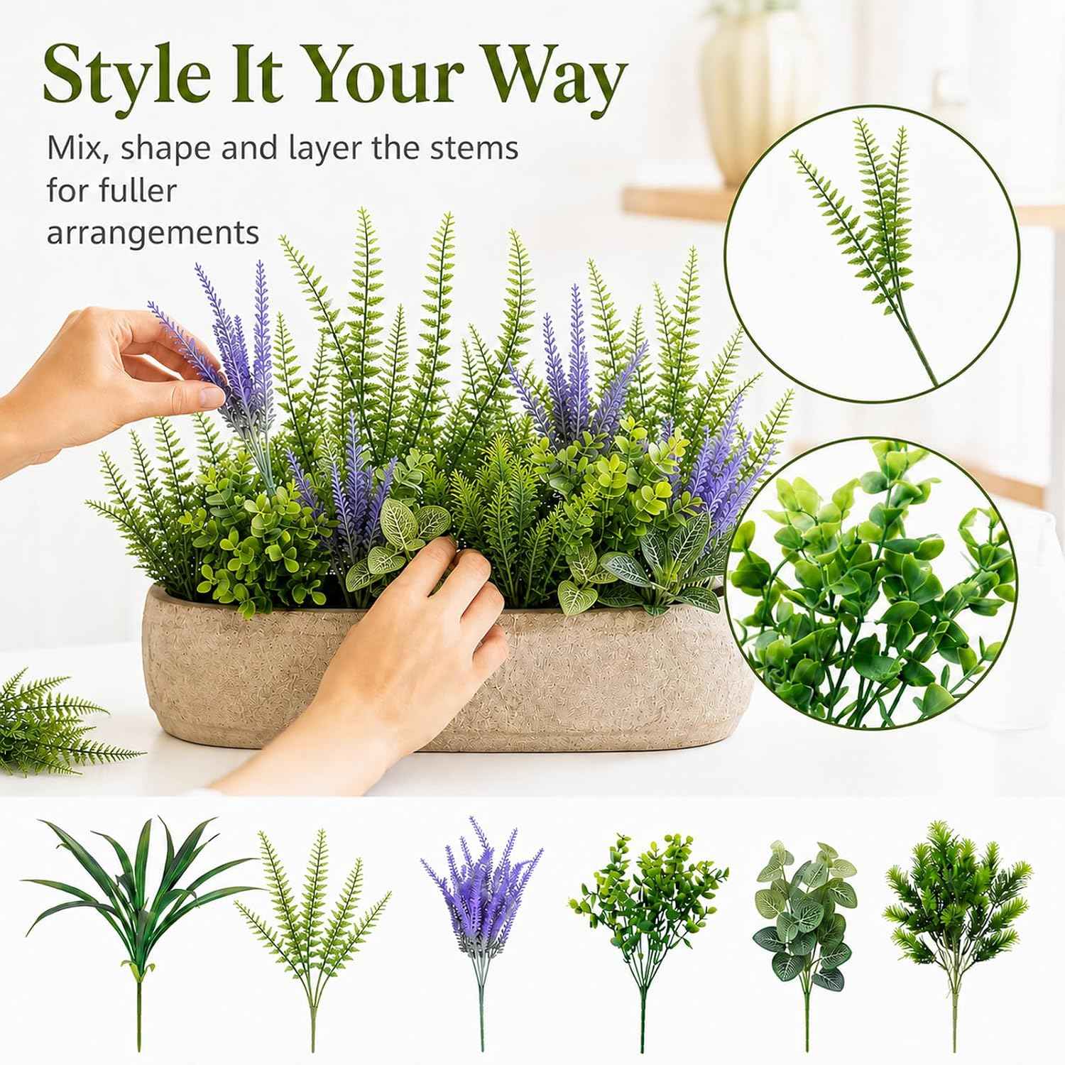 Outdoor Faux Plants UV Resistant - 12 Bouquets Realistic Artificial Eucalyptus Persian Leaf Lavender Greenery for Patio Garden Front Porch Decor Weatherproof Fake Plants for Outside