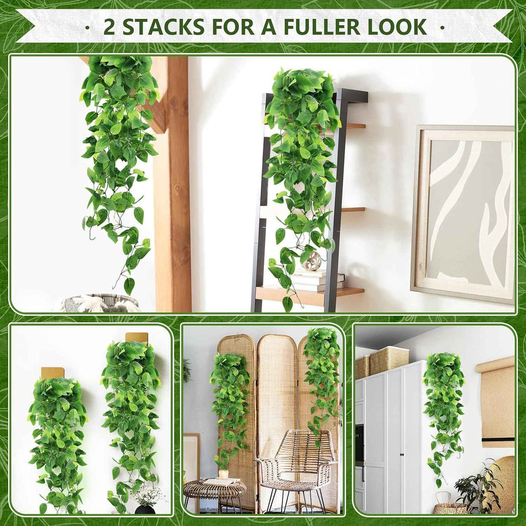 2-Pack Fake Hanging Plants, Faux Hanging Plant Artificial Greenery for Living Room Bedroom Boho Wall Shelf Indoor Outdoor Decor (Green Pothos Ivy Vines)
