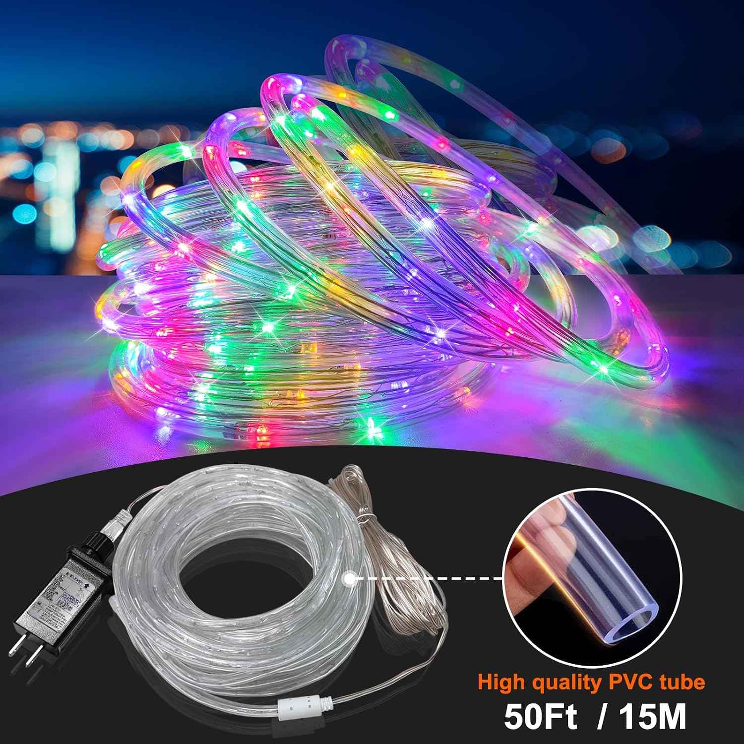 50Ft 375 LED Color Changing Rope Lights Outdoor with Plug & Remote Waterproof 21 Colors String for Bedroom Party Wedding Patio Garden Holiday Decoration