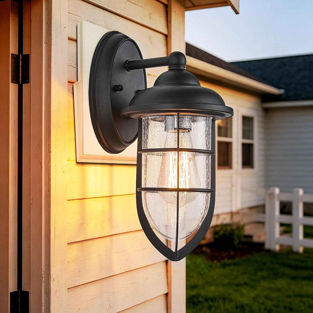 Outdoor Wall Sconce, Black Textured Finish with Clear Seeded Glass Shade, IP65 Waterproof, Indoor/Outdoor Wall Light for Porch, Garage, Entryway, Patio, Garden - E26 Bulb Not Included