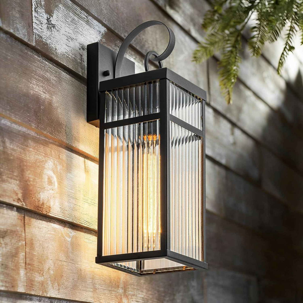 Outdoor Wall Lights, 16 inch Black Wall Sconce, Modern Exterior Lighting Fixture, Porch Lantern Wall Mount with Striped Glass for Patio, House,1 Pack