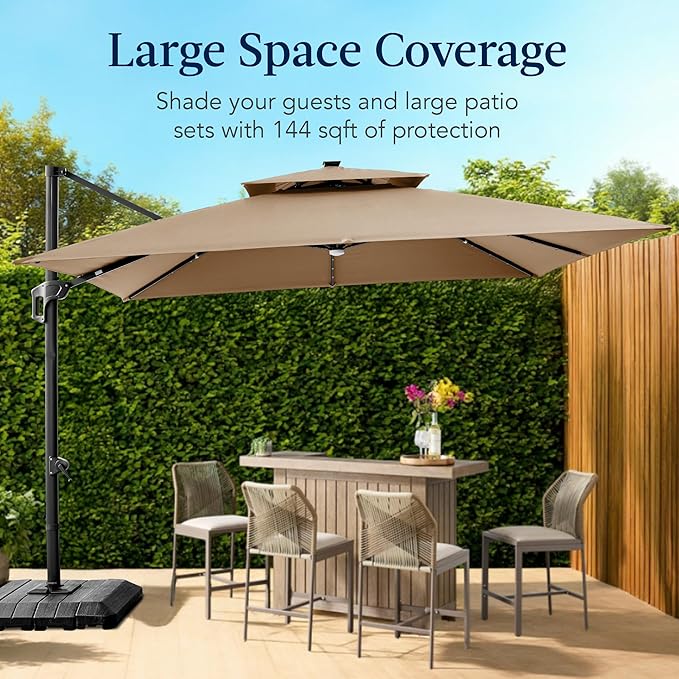 Best Choice Products 12x12ft LED Cantilever Patio Umbrella w/Base Included & - Image 4