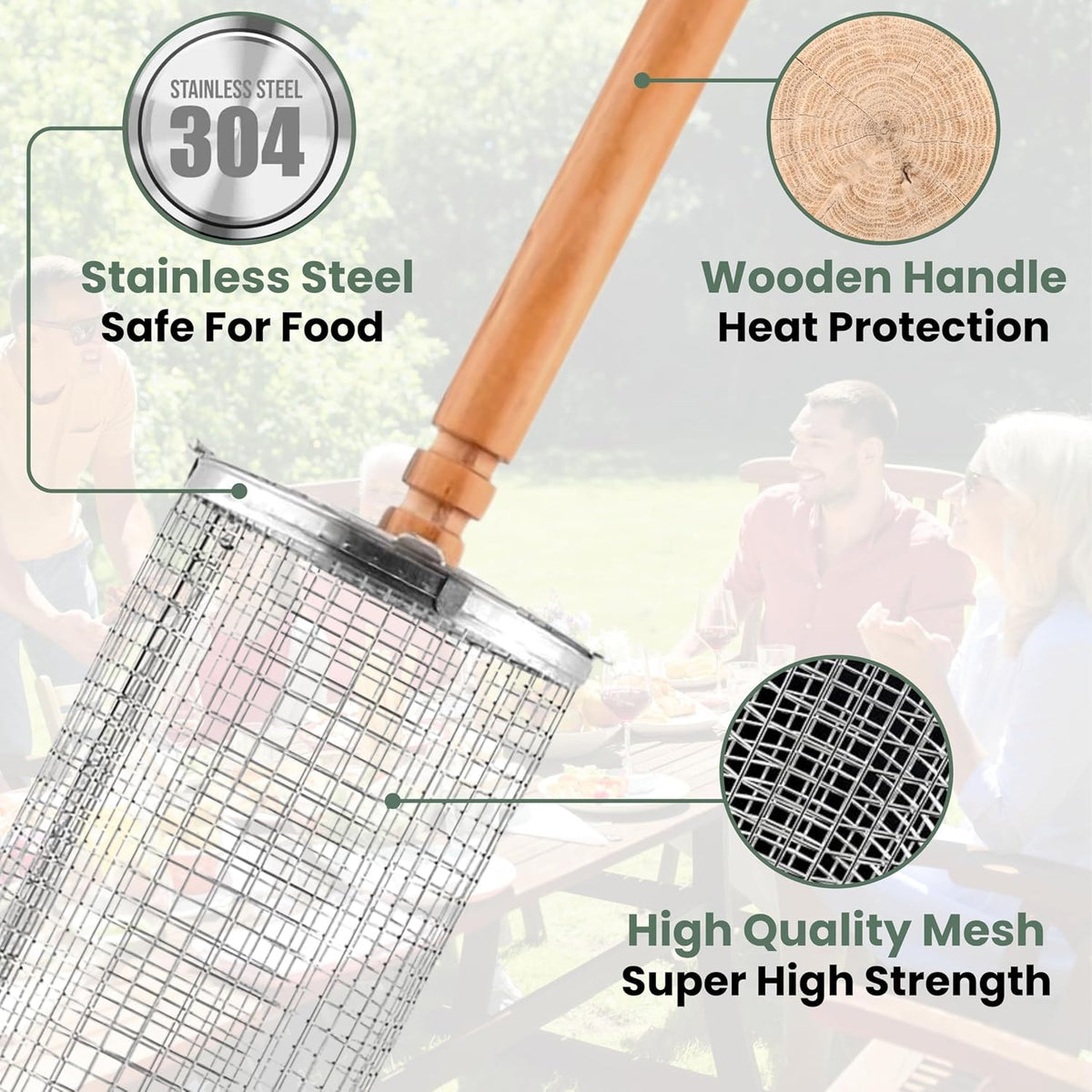 2X Rolling Grill Basket For Veggies Removable Wooden Handle 304 Stainless Steel Nesting Smoker Net BBQ Grilling Accessories Tools Kebab Fish Vegetable Steamer Basket Camping Cooking Outdoor Kitchen Food Rotisserie Barbeque Cooking Grilling Gifts For Me...