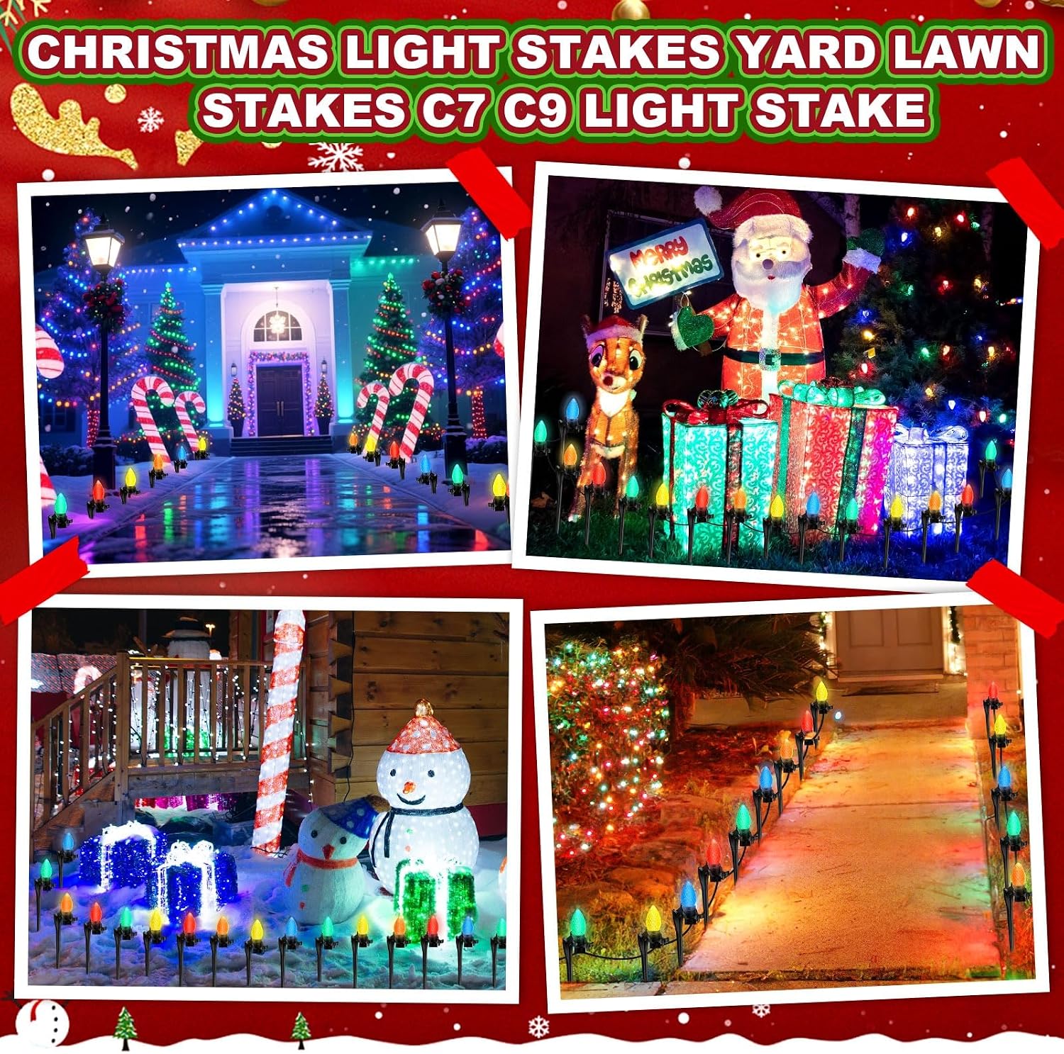 Augshy 24 Pack Christmas Light Stakes, 7.5 inch Yard Lawn Holiday Light Ground Stakes for C7 C9 Outside String Lights Universal Outdoor Light Holders for Christmas Decoration Garden Lawn Path Black