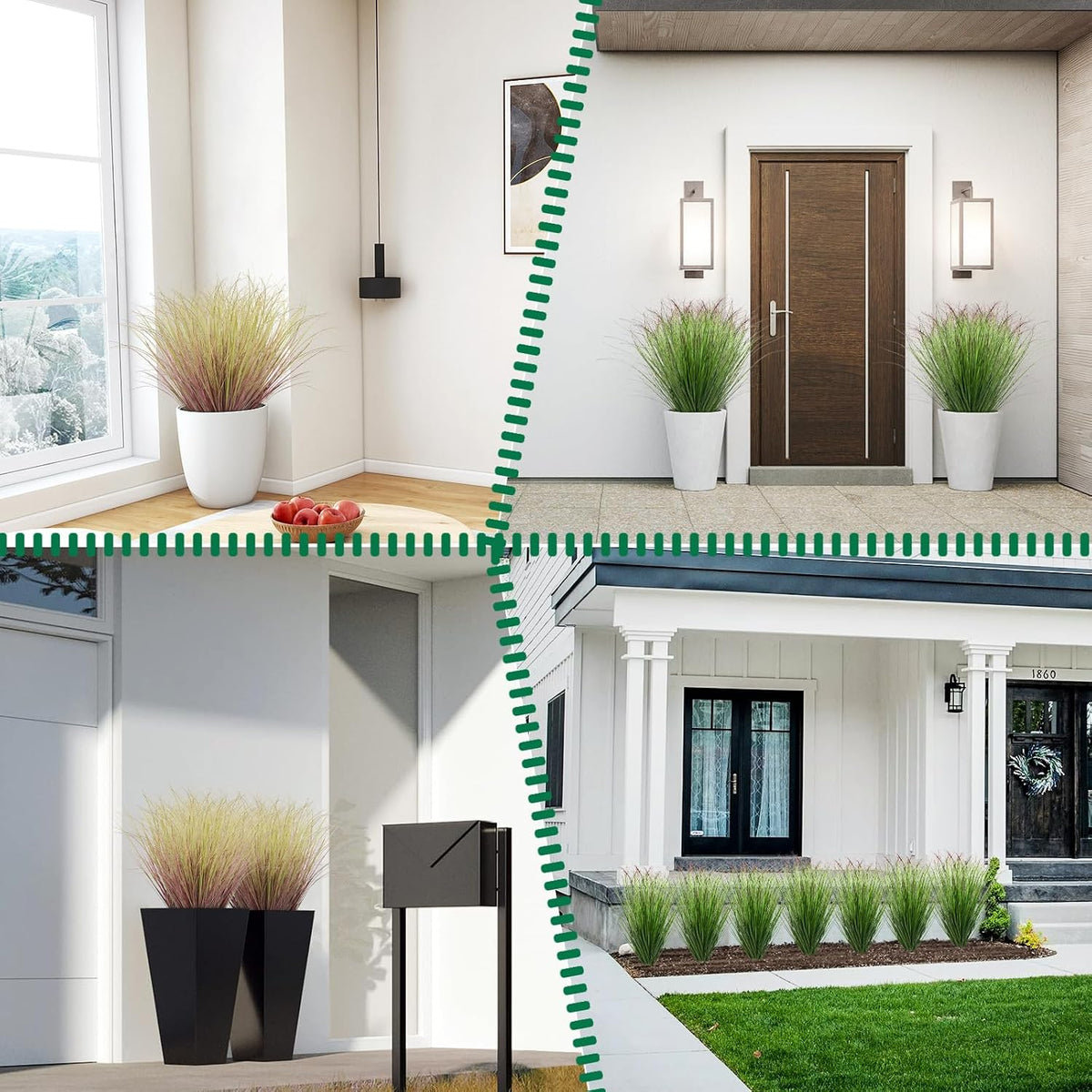 16 Bundles Artificial Grass Plants Outdoor Tall Faux Shrubs Greenery Stems Fake Onion Grasses Wheat Grass UV Resistant Faux Bushes Plant for Garden Indoor Office Home Decor（Red-Tipped Green）