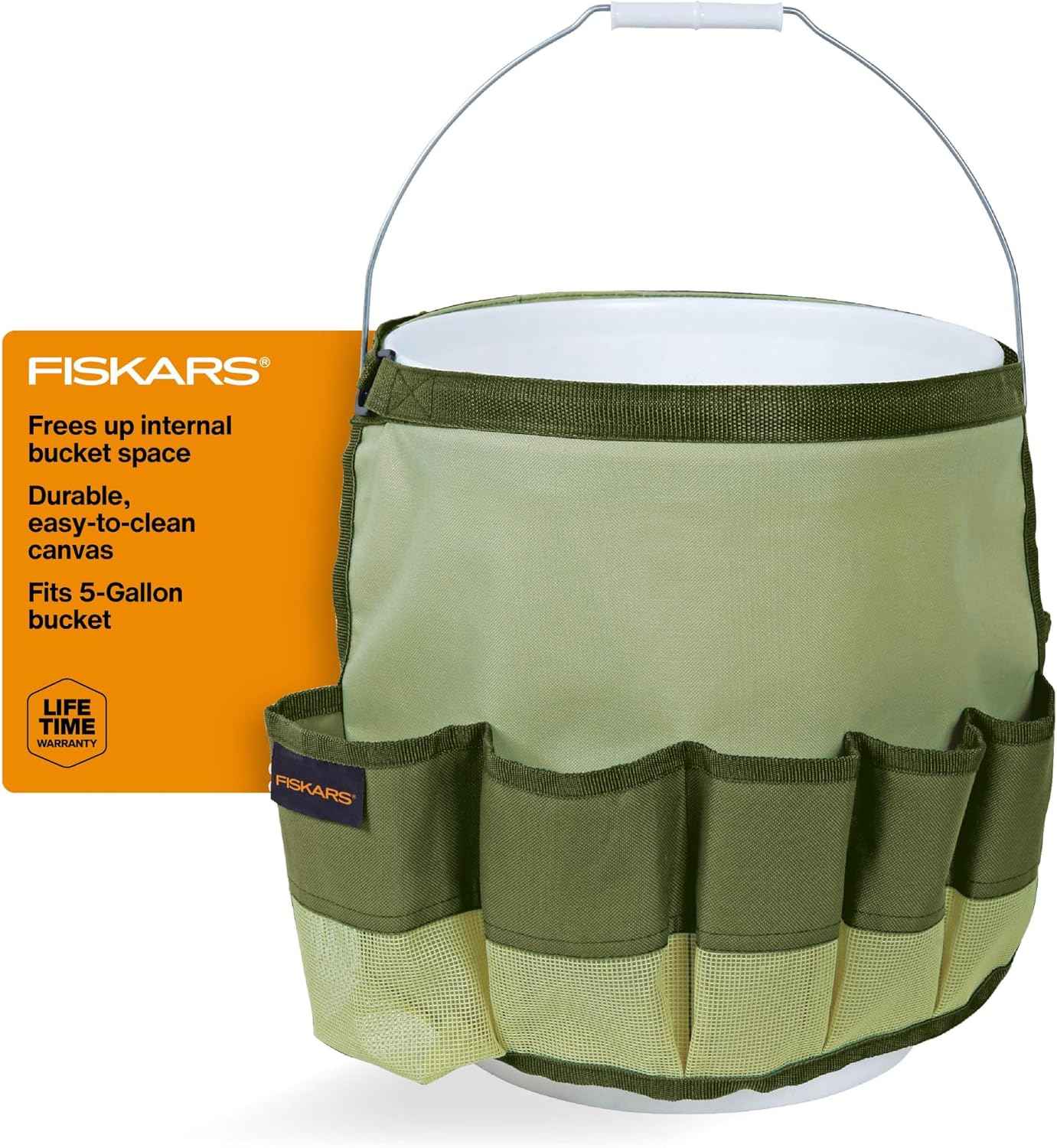 Fiskars 5 Gallon Garden Tool Bucket Caddy, Bucket & Tools Not Included | Canvas Caddy Fits Snug on a 5 Gallon Bucket to Carry All Your Gardening Essentials and Free Up Bucket Space for Yard Waste