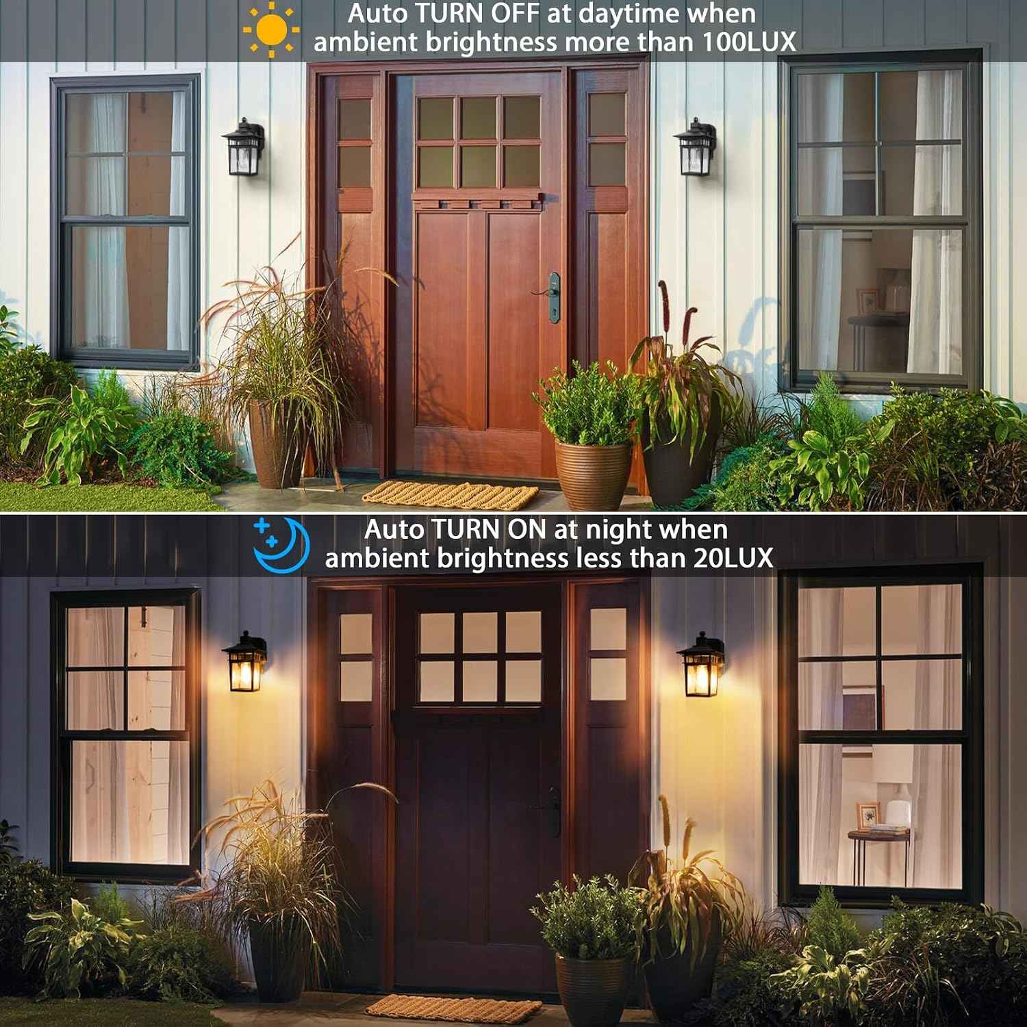 Porch Lights with GFCI Outlet, Dusk to Dawn Outdoor Wall Sconce Black | Anti-Rust Waterproof Aluminum Construction, Easy Installation, Tempered Glass & E26 Socket Outside Lights for House Garage
