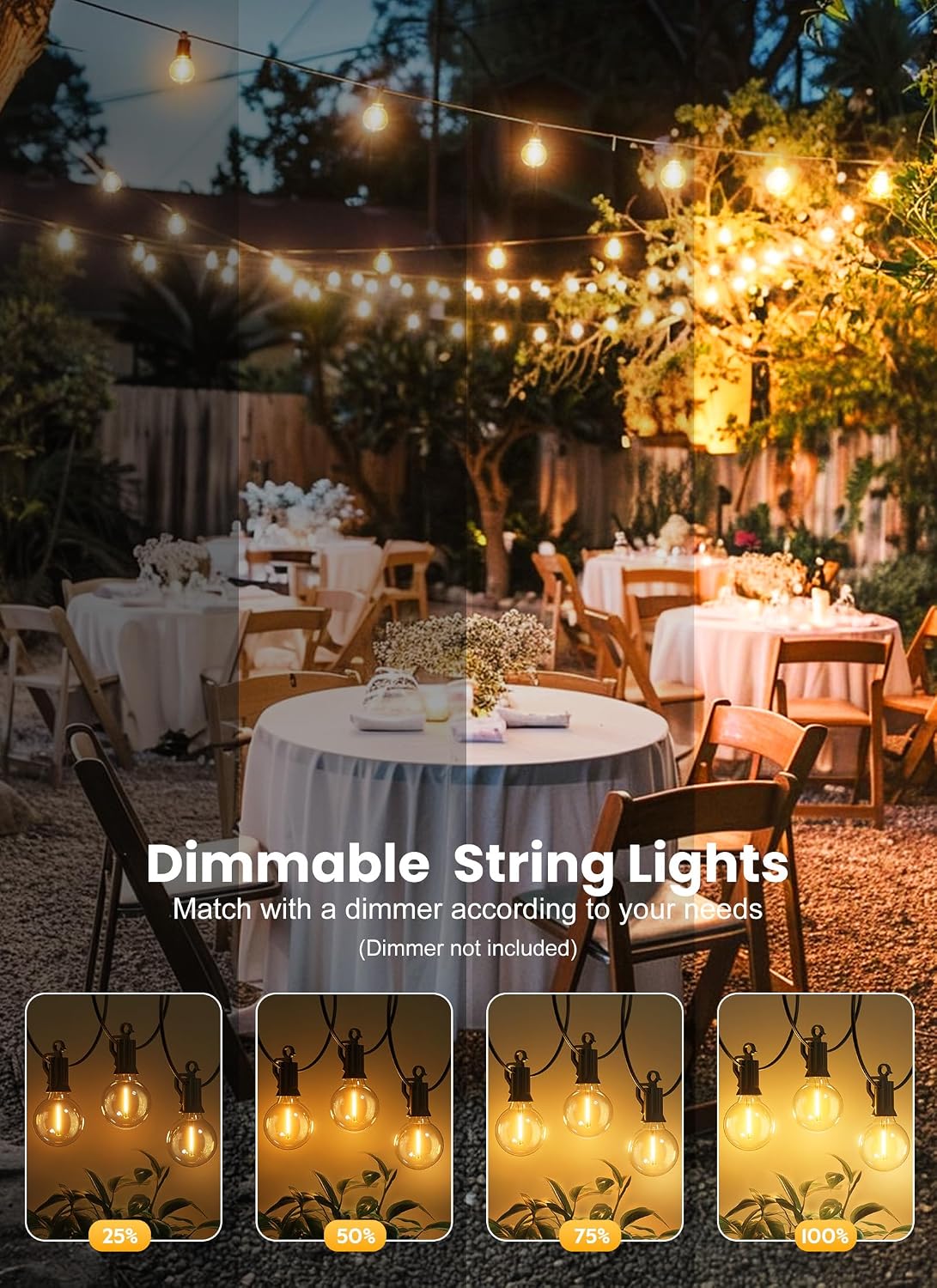 Outdoor String Lights, 55(50+5) FT 25 Bulbs IP65 Waterproof Patio Lights | Shatterproof Dimmable Hanging Connectable G40 Globe LED Outdoor Lights for Christmas, Backyard, Bistro, Porch