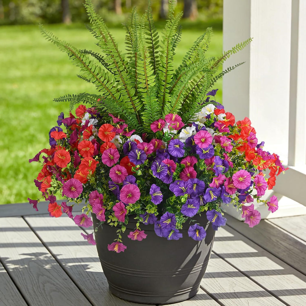 Hrobek Artificial Flowers for Outdoors Faux Plants Outside Indoor,UV Resistant Silk Fake Morning Glory Tall Ferns for Home Patio Garden Back Yard Front Porch Decor (13 Bunches,5 Multi Colors)