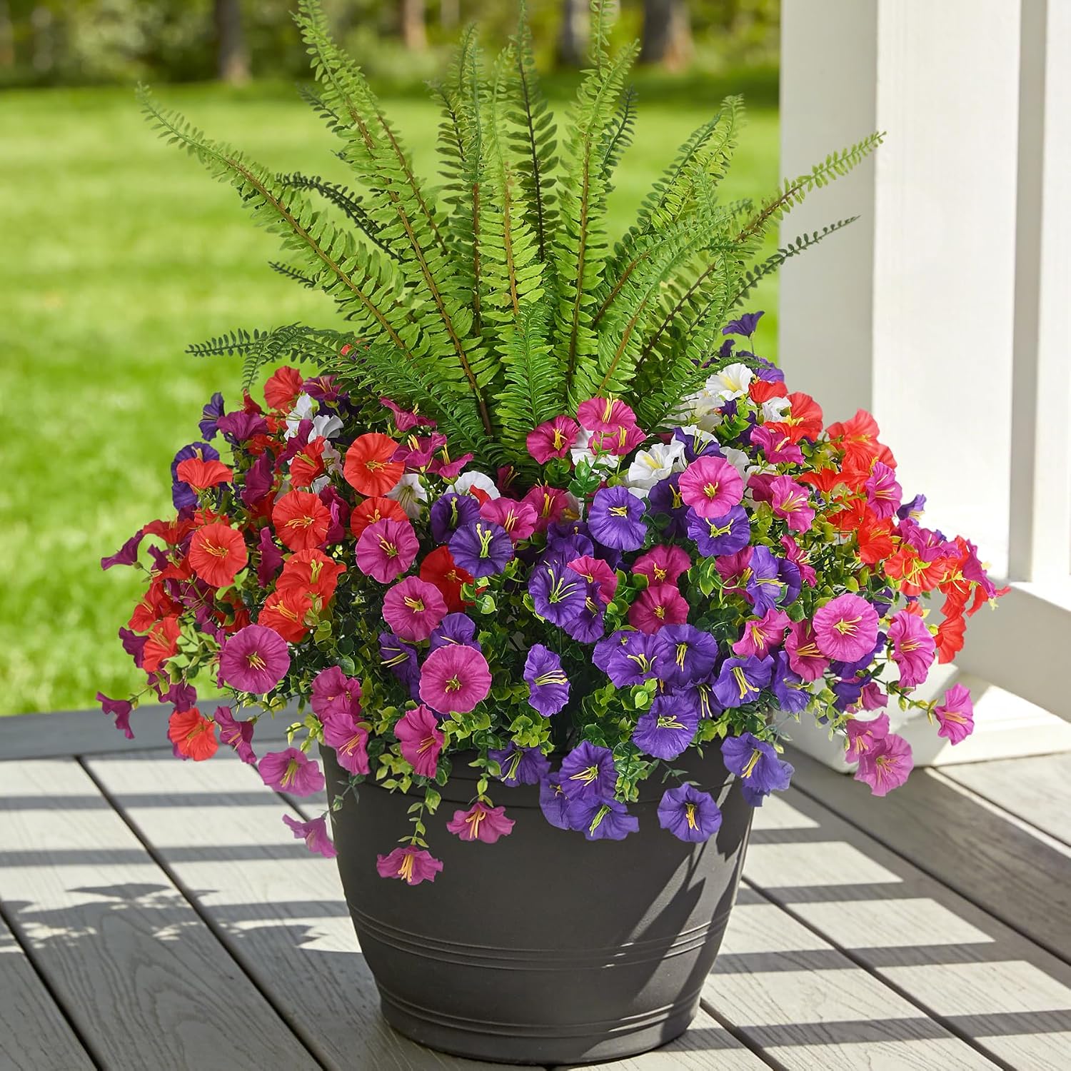 Hrobek Artificial Flowers for Outdoors Faux Plants Outside Indoor,UV Resistant Silk Fake Morning Glory Tall Ferns for Home Patio Garden Back Yard Front Porch Decor (13 Bunches,5 Multi Colors)