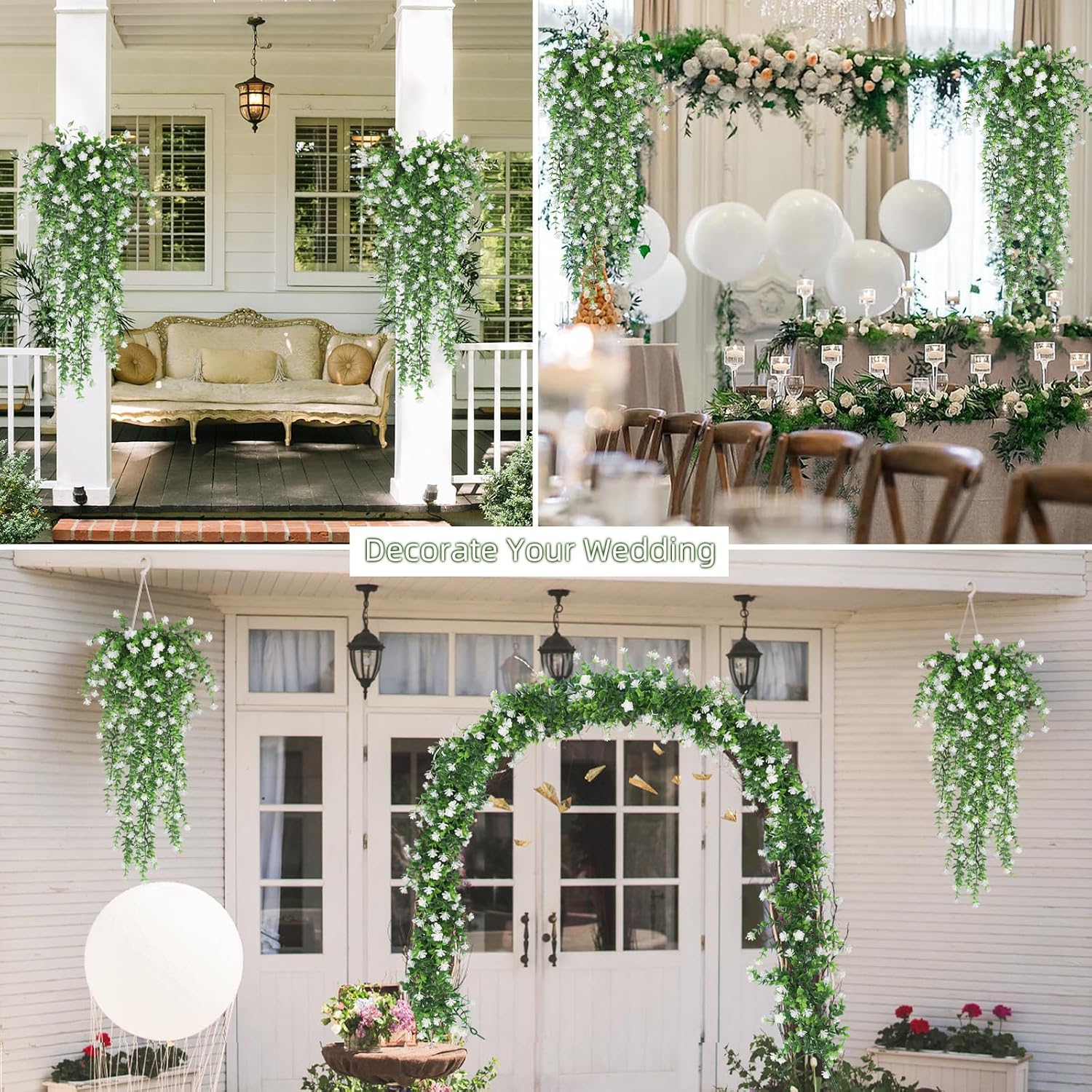 RECUTMS Artificial Hanging Plants Fake Hanging Vines Outdoor Faux Draping | Faux Eucalyptus Leaf Greenery Vine Outdoor UV Resistant Plastic White Flowers Home Garden Wedding Party Indoor Decoration,3Pc