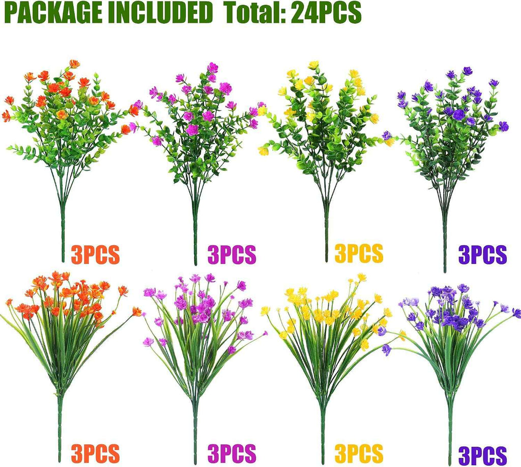 Sggvecsy Artificial Flowers for Outdoors 24 Bundles UV Resistant Boxwood Shrubs Artificial Eucalyptus Fake Plants Faux Plastic Greenery for Farmhouse Garden Home Indoor Outdoor Decoration（Mixed）
