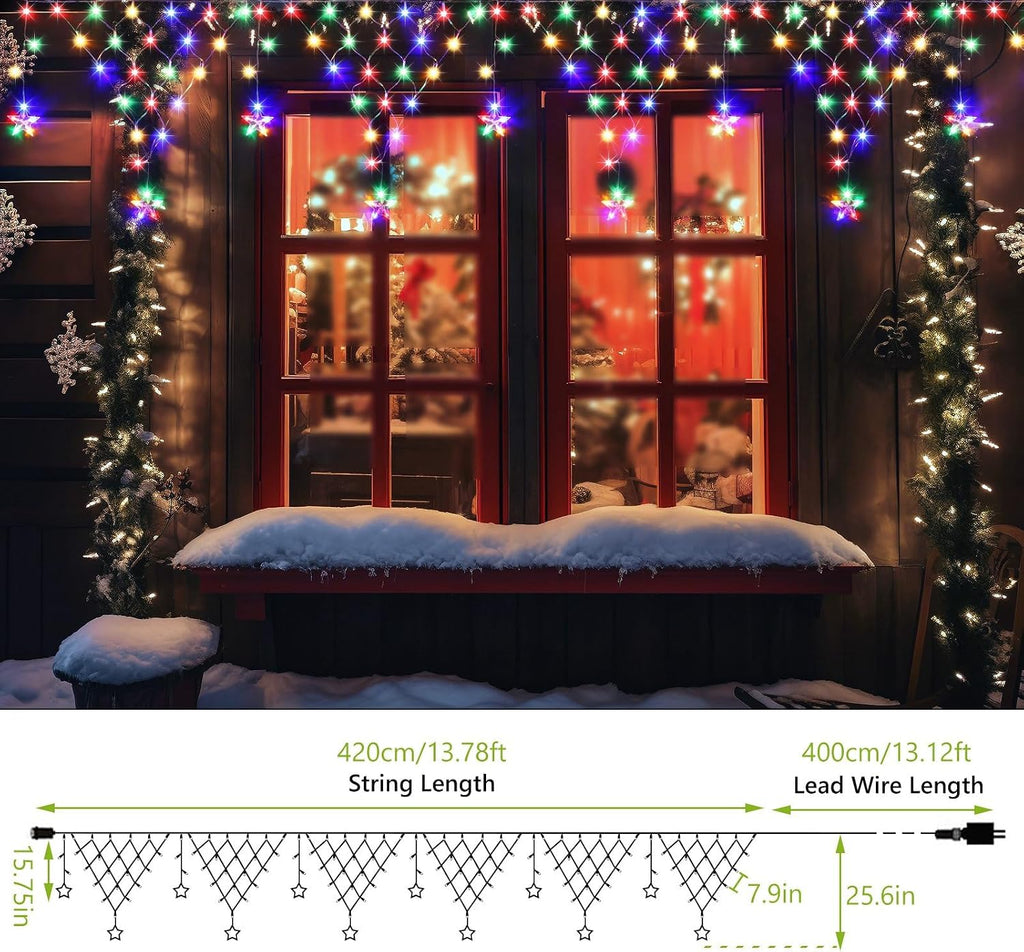 Christmas Lights Outdoor Decorations 218 LED 13.8ft Curtain Fairy Lights with 11 Drops, LED String Light Decor with 8 Modes for Party Holiday Christmas Home Indoor Outdoor Decor Star Multicolor