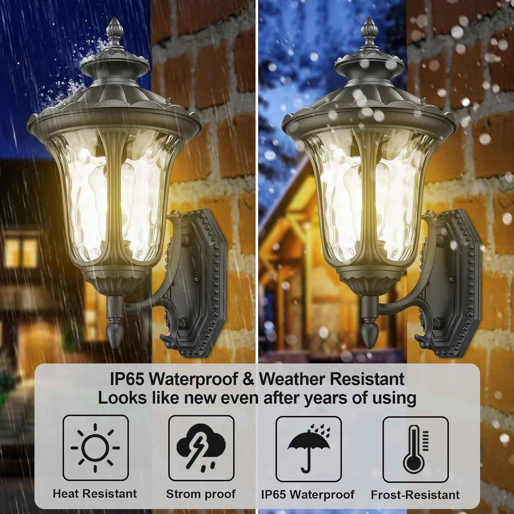 Outdoor Light Fixtures Wall Mount, Waterproof Exterior Wall Lanterns with Waer Ripple Glass, Outside Sconces, Front Porch Lights for House Garage Doorway Patio