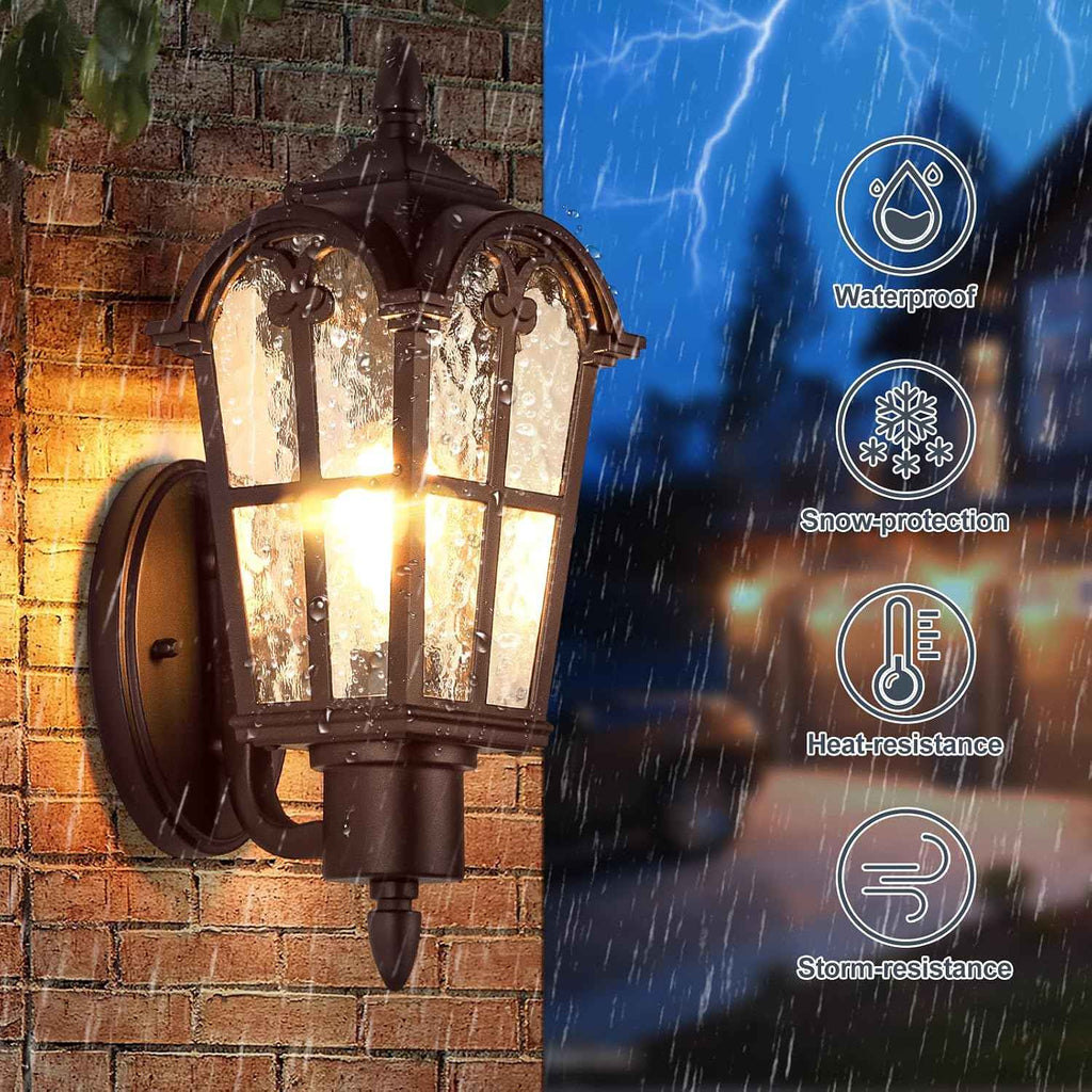 16’’ Large Outdoor Wall Light Fixture, Exterior Wall Lantern Sconce | Waterproof, Rust-resistant, Matte Brown, Water Ripple Glass, Quick & Easy Installation, Retro & Traditional