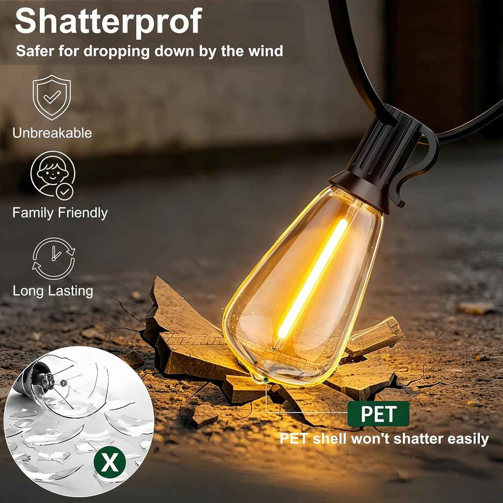 100FT Outdoor String Lights, Waterproof Patio Lights with Clear Shatterproof Plastic ST38 Vintage Edison Bulbs, Connectable Outside Hanging Lights for Backyard, Porch, Deck, Balcony, Garden, 2700K
