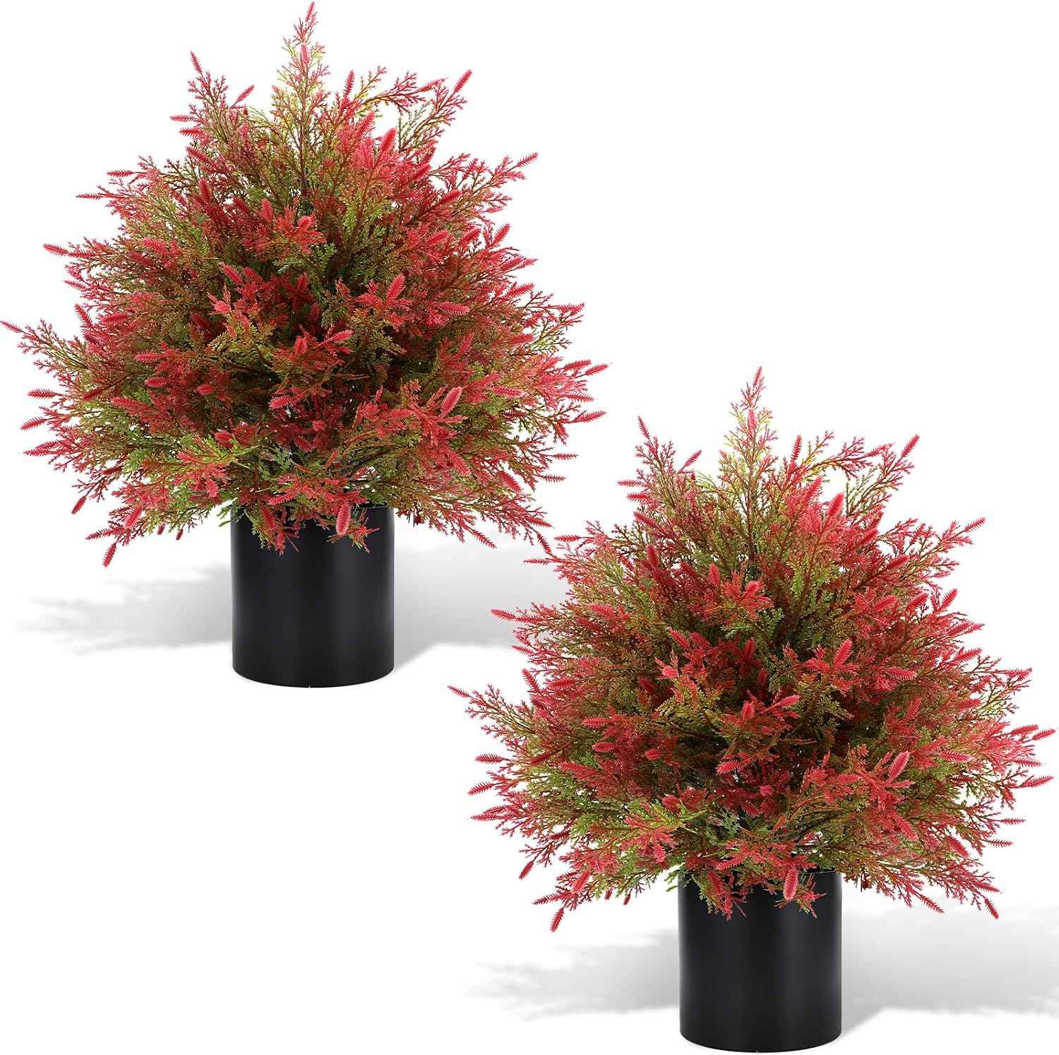 2 Set Artificial Potted Topiary Trees Cedar - UV Resistant Faux Outdoor Potted Plants, Spring Summer Greenery Fake Bushes for Front Door Farmhouse Garden Porch Outdoor Decor