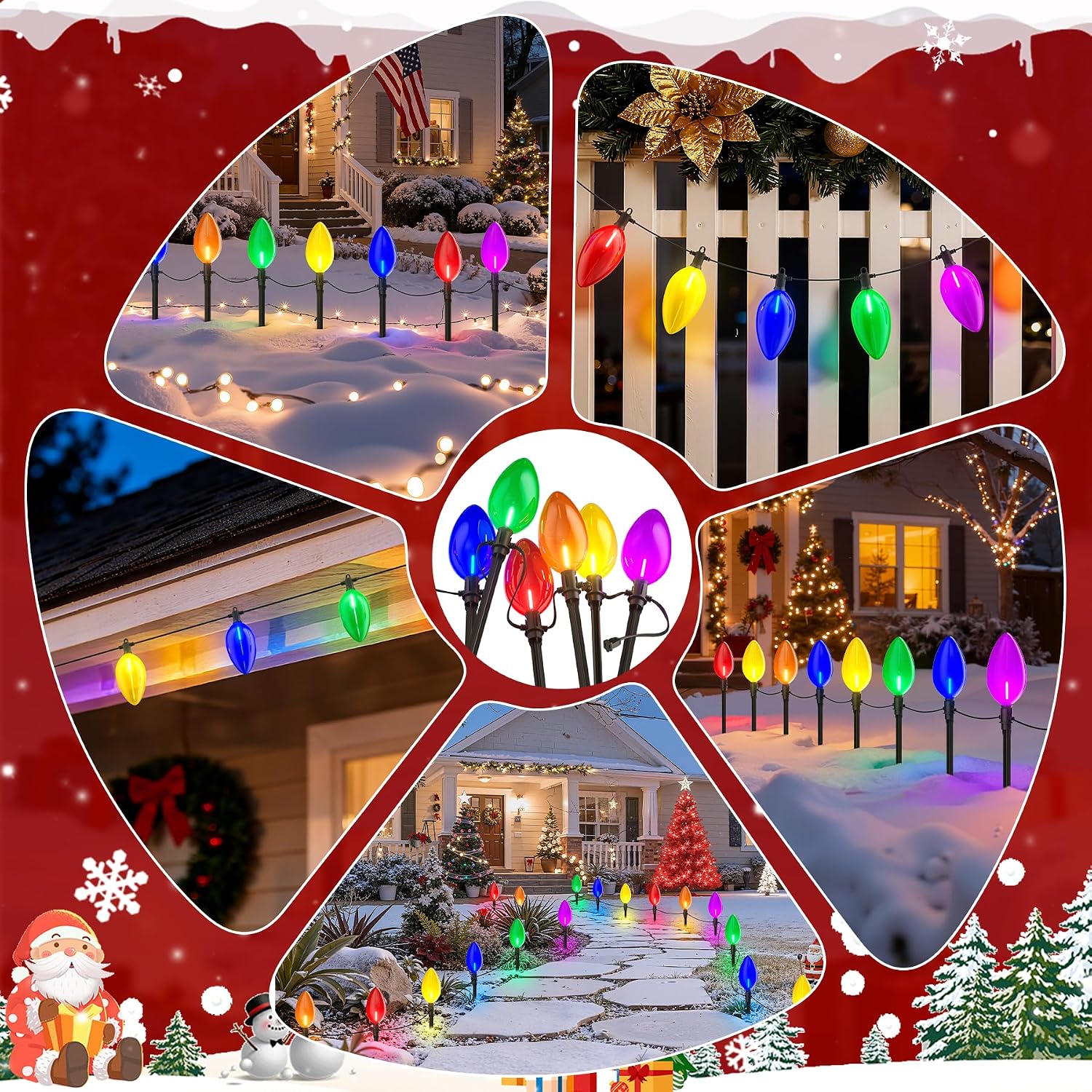 Outdoor Jumbo C9 Christmas Pathway Lights, 23FT Connectable Walkway Lights with 12 Multicolor LED Bulbs for Driveway Yard Lawn Garden