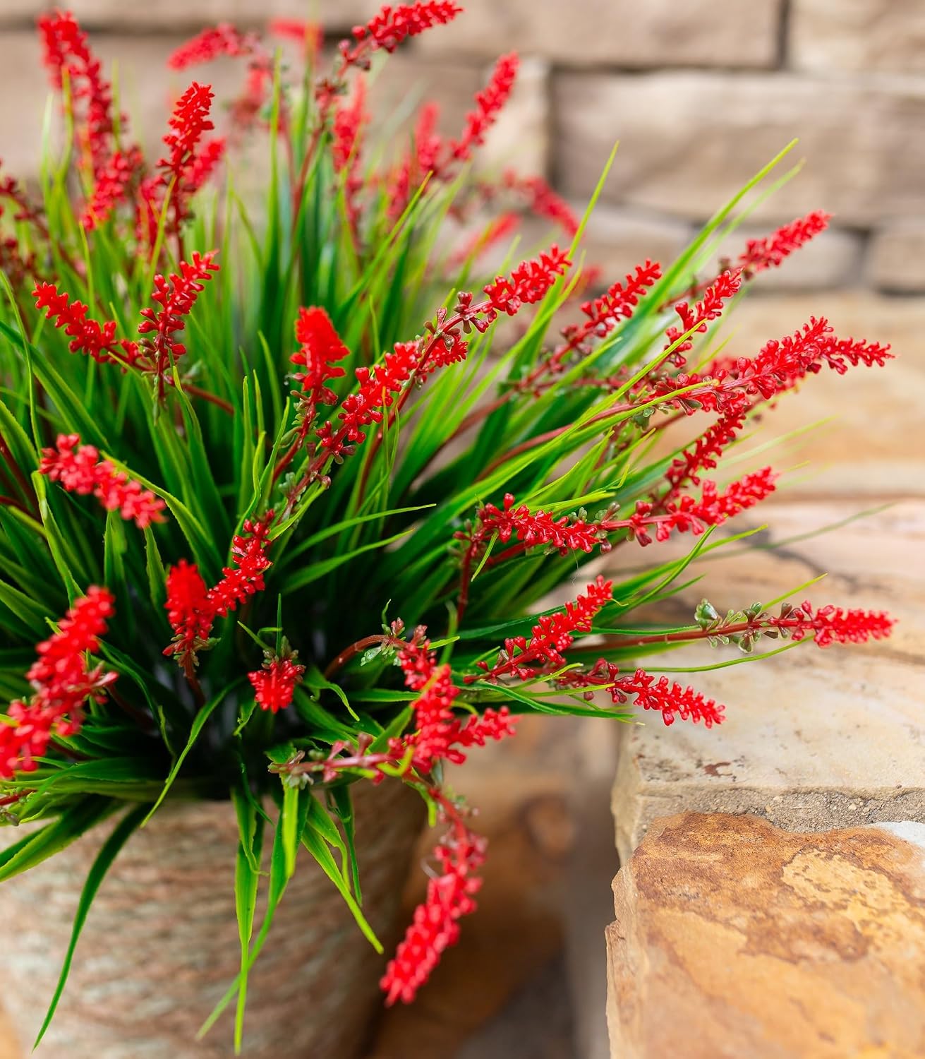 HyeFlora Artificial Fake Flowers Outdoor Plants for Summer Decoration,10 Bundles Faux Plastic Tall Monkey Grass Greenery UV Resistant Realistic Lavender for Home Planter Window Porch Garden-Red