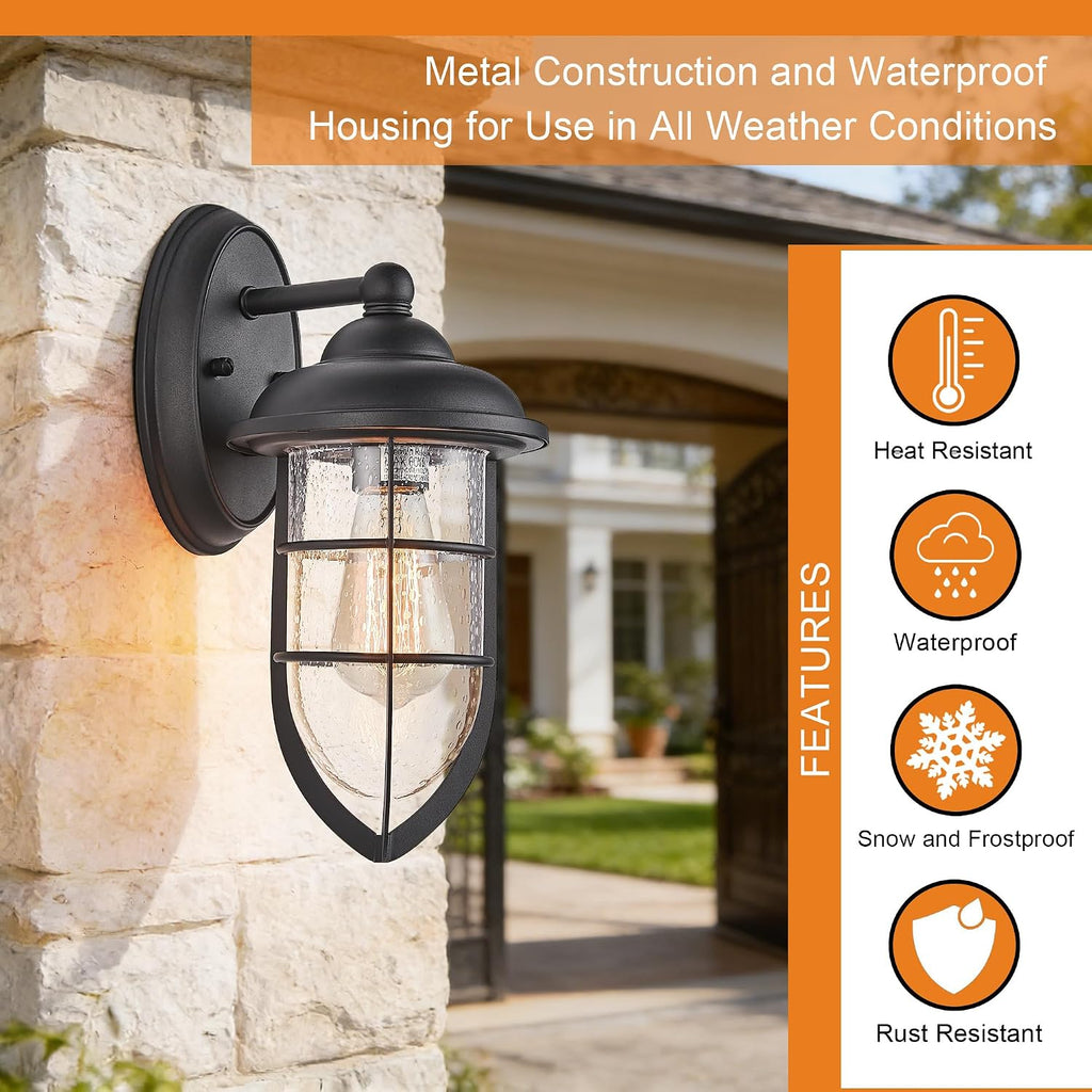 Outdoor Wall Sconce, Black Textured Finish with Clear Seeded Glass Shade, IP65 Waterproof, Indoor/Outdoor Wall Light for Porch, Garage, Entryway, Patio, Garden - E26 Bulb Not Included