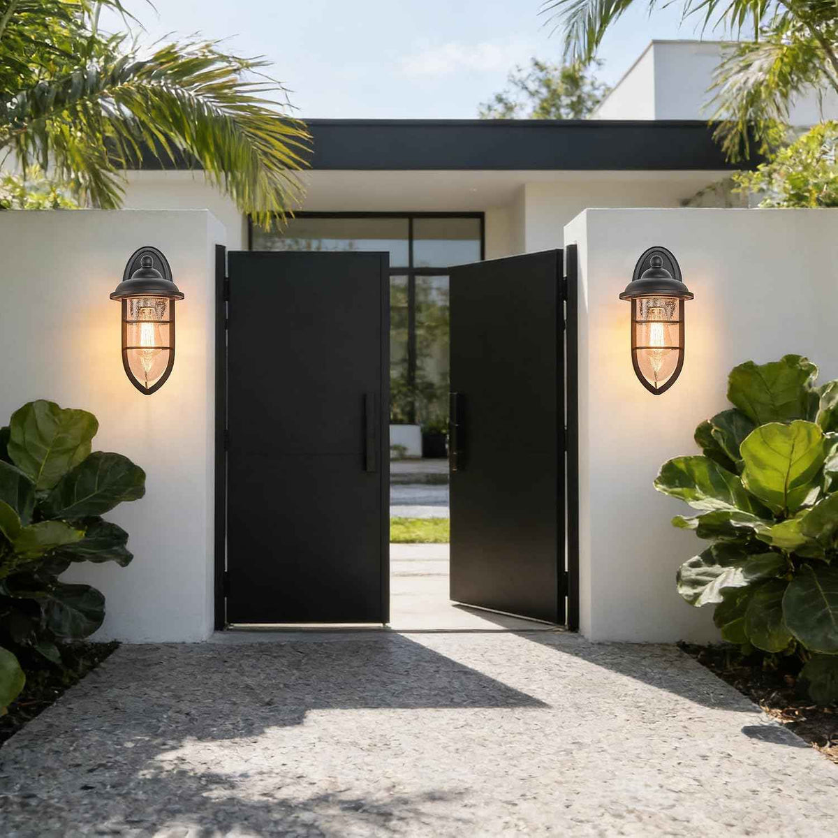Outdoor Wall Sconce, Black Textured Finish with Clear Seeded Glass Shade, IP65 Waterproof, Indoor/Outdoor Wall Light for Porch, Garage, Entryway, Patio, Garden - E26 Bulb Not Included