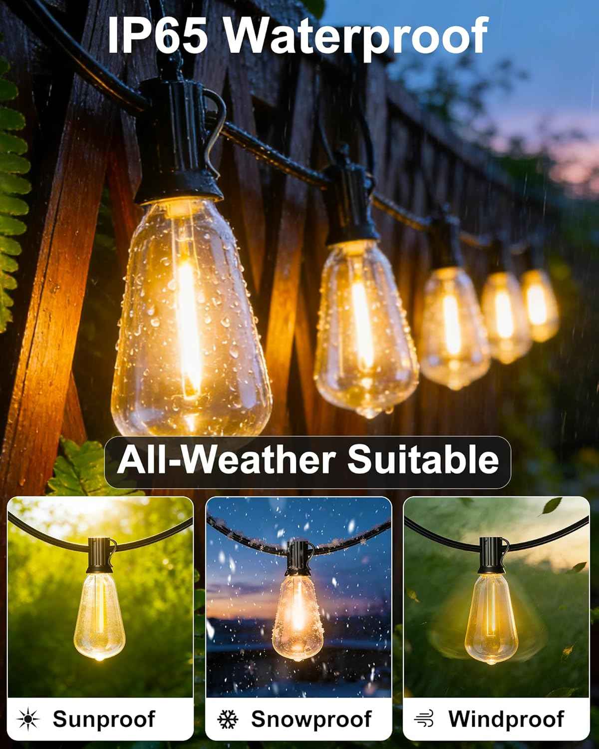Outdoor String Lights 54FT Connectable ST38 Patio Lights Outdoor Waterproof | 15 Shatterproof Edison Bulbs Dimmable Plug-in, 2700K Warm White Hanging Light for Balcony Backyard Garden Porch Party Decor
