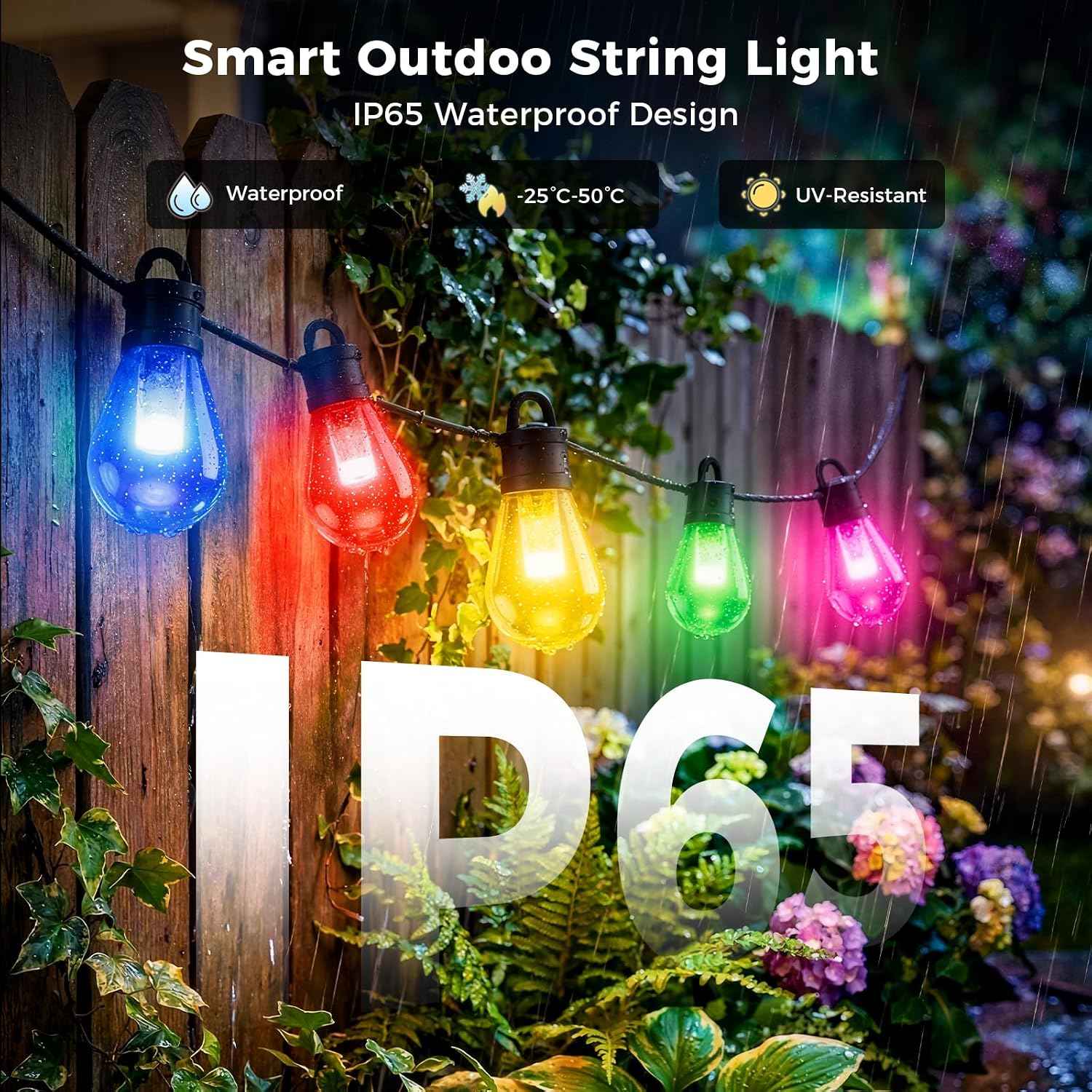 CDN Outdoor String Lights, 80FT Smart RGBW Patio Lights for Backyard | IP65 Waterproof, App, Alexa & Google Control, 111 Modes, Music Sync and Dimmable Warm White for Date Nights BBQs and Parties