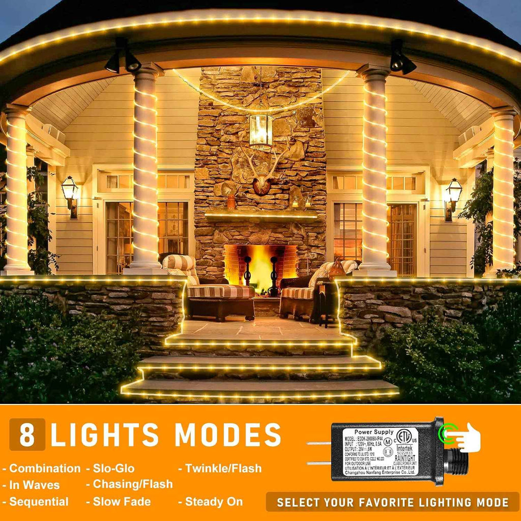 66FT 200 LED Rope Lights for Outside, Warm White Rope Lights Indoor | Connectable Flexible Plug in Outdoor String Lights for House Bedroom Patio Pool Landscape Camping Party Decorations