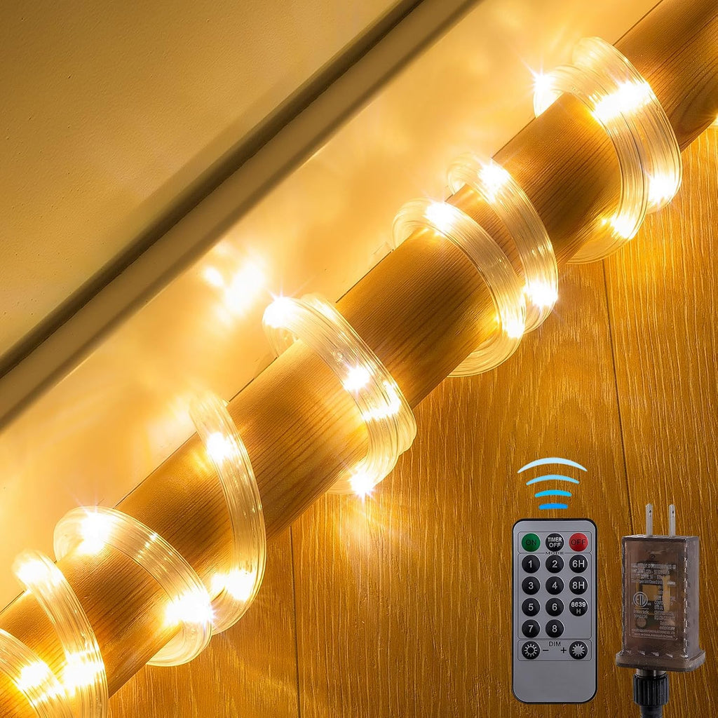 33ft Rope Lights Outdoor,String Lights with Plug & Remote- 8 Modes,360° Glow,Waterproof Flexible Ripple Tube Warm White LED Rope Lighting for Outdoor/Indoor,Garden,Wedding,Pool,Patio,Bedroom Decor