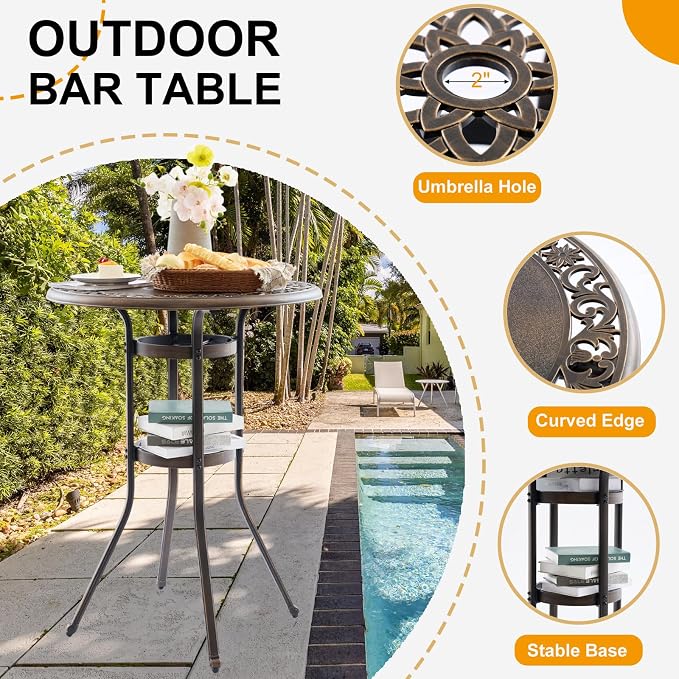 3-Piece Cast Aluminum Outdoor Bar Set, 31.5" Round High Top Patio Table & 2 - Image 3