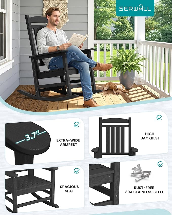 SERWALL HDPE Outdoor Rocking Chair Set of 2, Patio Rocking Chairs, All-Weather - Image 7