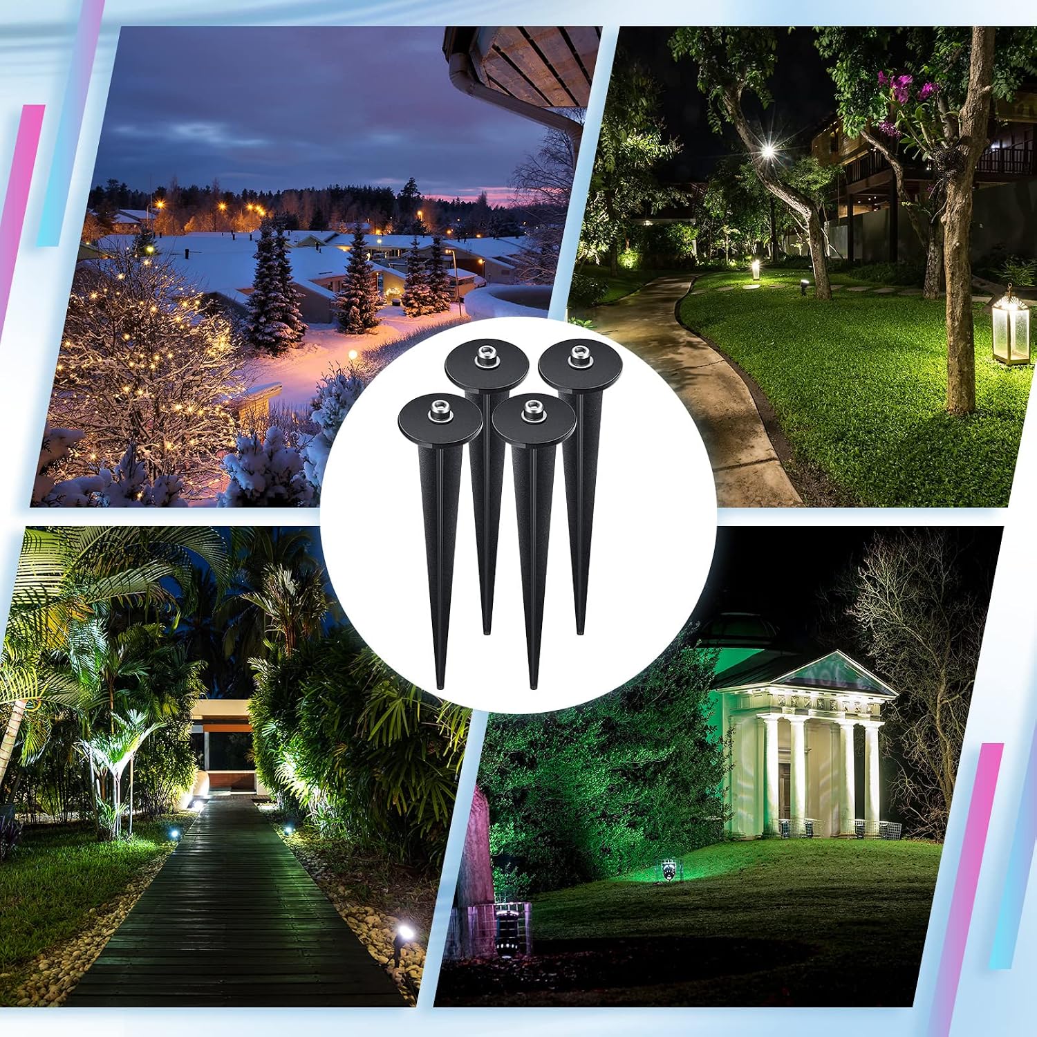 Zhengmy 16 Pack Metal Ground Stakes for Flood Light Solar Lights LED,Black | Threaded Spike with 16 Hex Screws, 6.3 Inch Replacement for Landscape Path Yard Lawn Gardens, Durable Metal Outdoor