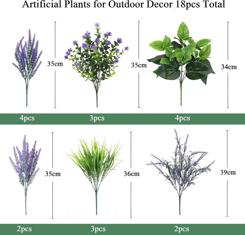 LUNETH 18PCS Artificial Plants for Outdoor Decor Fake Plants Realistic Faux Greenery & Flowers Fake Plastic Leaves with Stems Artificial Outdoor Bushes for Garden Porch and Patio UV Resistant