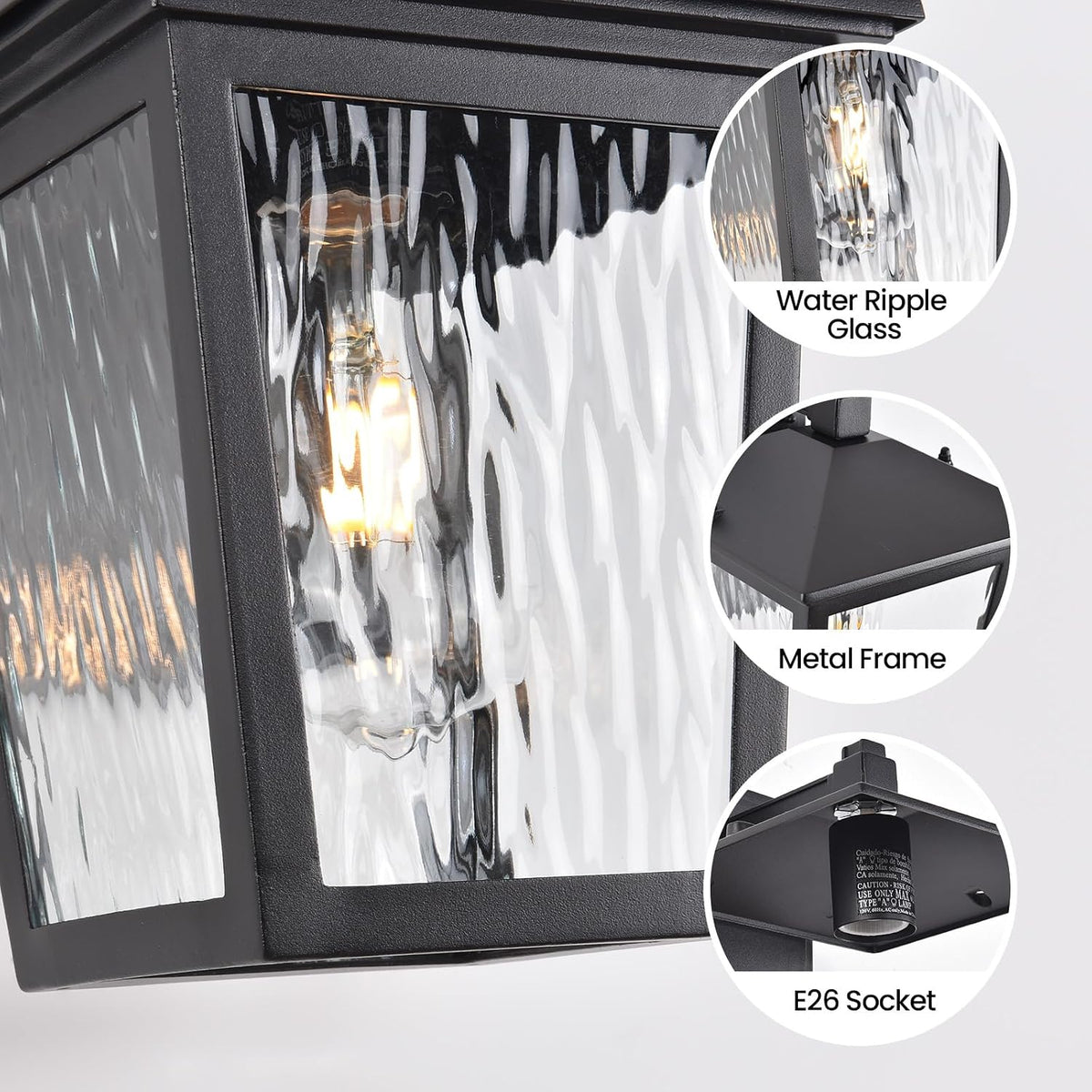 Black Outdoor Wall Sconce Anti-Rust Wall Light Fixture Water Glass