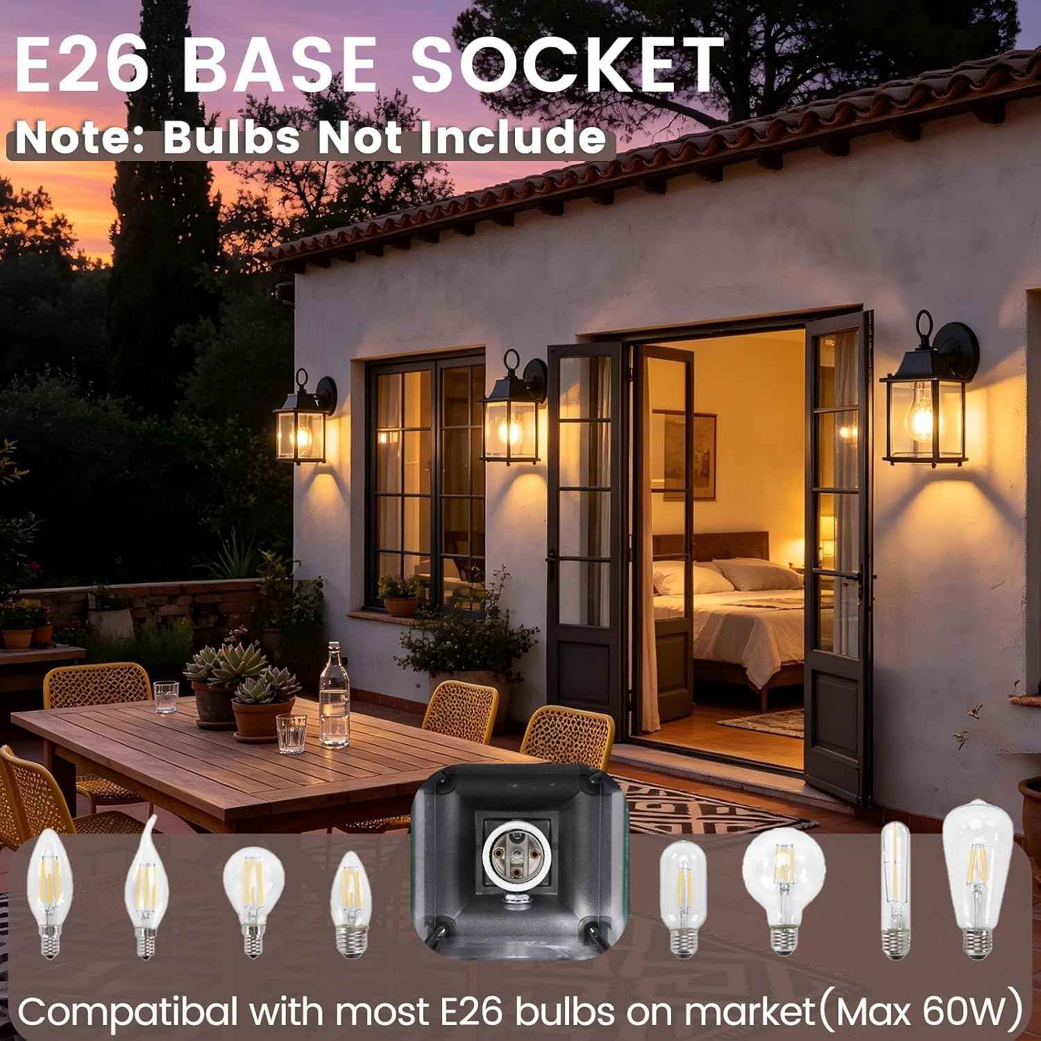 Outdoor Porch Light for House E26 Aluminum Glass, Black, 1 Pack | IP65 Waterproof Outdoor Wall Light Fixture, E26 Base 60W Max Exterior Wall Lantern Sconce for Front Door, ETL UL CSA Listed
