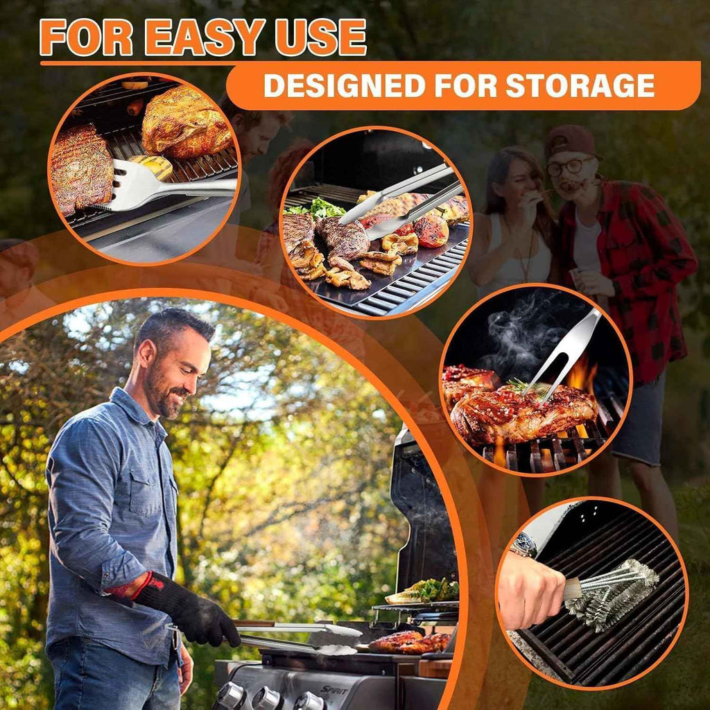 TIVOLI 4PCS Grilling Accessories Set - Heavy Duty BBQ Tool Set | Stainless Steel, Heat-resistant, Spatula, Tongs, Fork, Cleaning Brush, Gift Box, for Outdoor