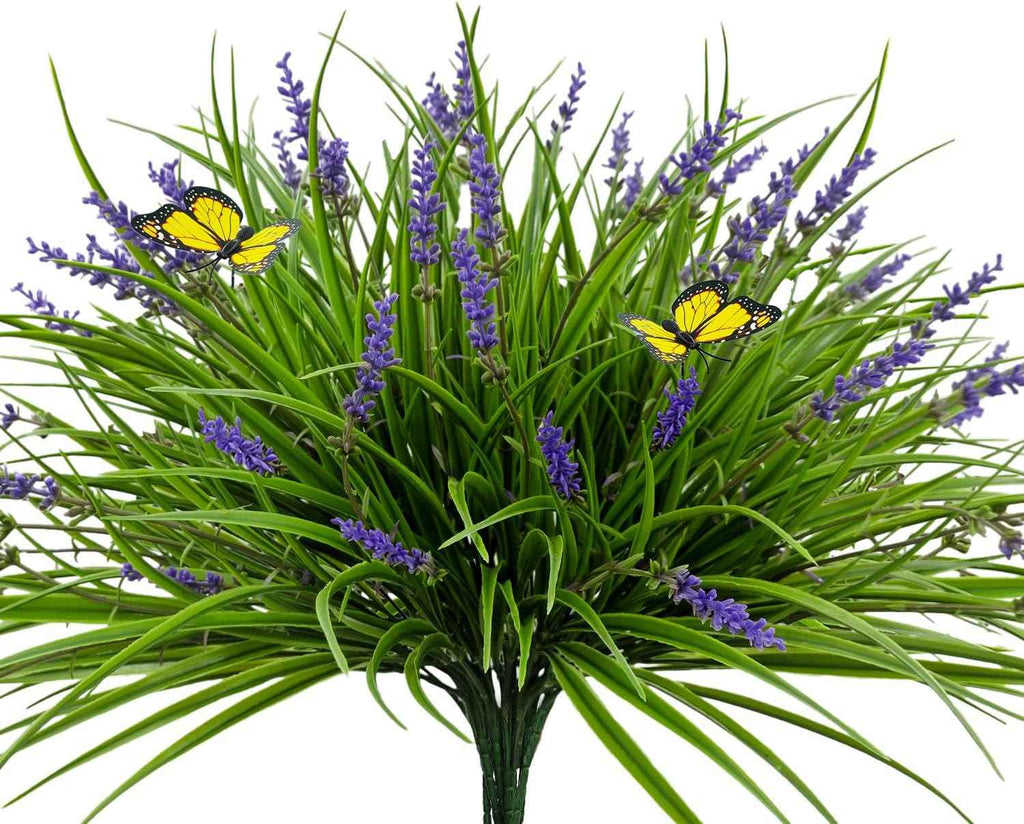 16 Bundles Artificial Outdoor Plants and 2 Pcs Butterfly Stakes Fake Monkey Grass with Flowers UV Resistant Faux Plant Greenery for Outside Planter Porch Patio Garden Window (Purple)