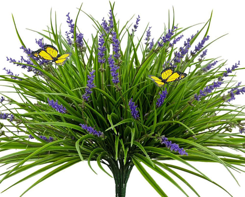 16 Bundles Artificial Outdoor Plants and 2 Pcs Butterfly Stakes Fake Monkey Grass with Flowers UV Resistant Faux Plant Greenery for Outside Planter Porch Patio Garden Window (Purple)
