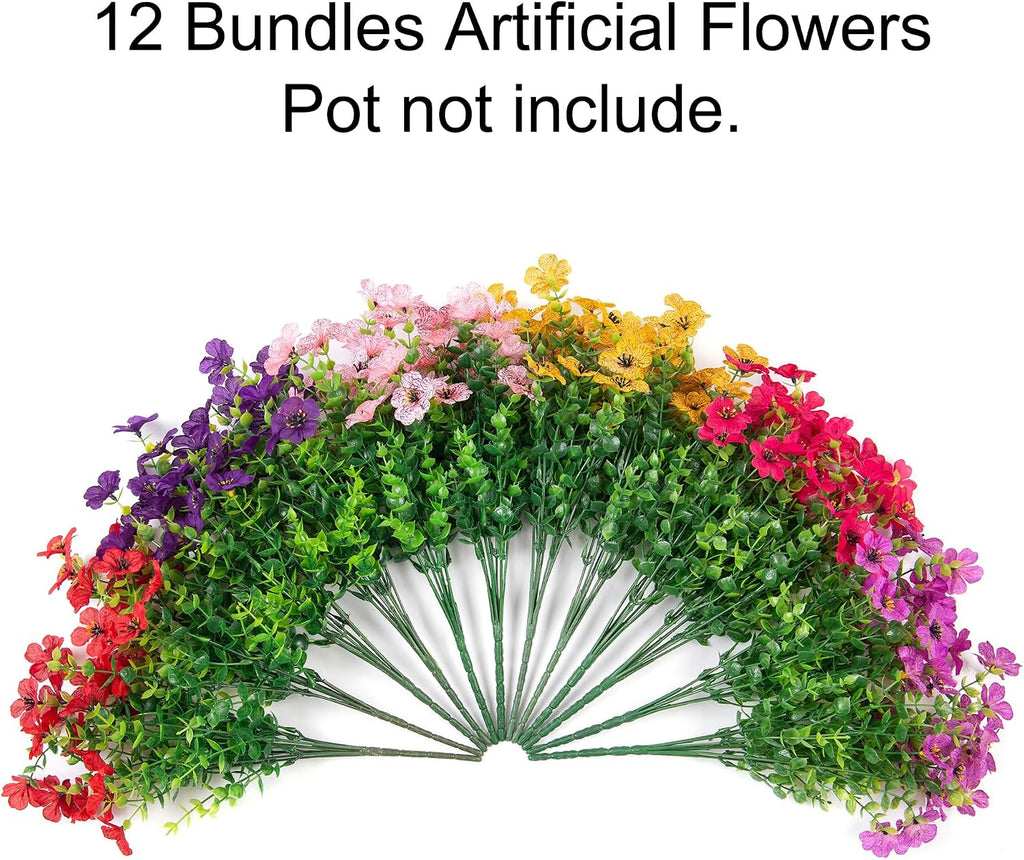 HyeFlora Artificial Flowers for Outdoor Indoor Garden Home Decoration, Faux Flower Daisy with Eucalyptus Leaves Fake Plants Greenery Boxwood Porch Patio, 12 Bundles (6 Multicolor)