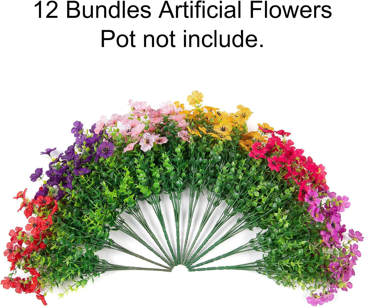 HyeFlora Artificial Flowers for Outdoor Indoor Garden Home Decoration, Faux Flower Daisy with Eucalyptus Leaves Fake Plants Greenery Boxwood Porch Patio, 12 Bundles (6 Multicolor)