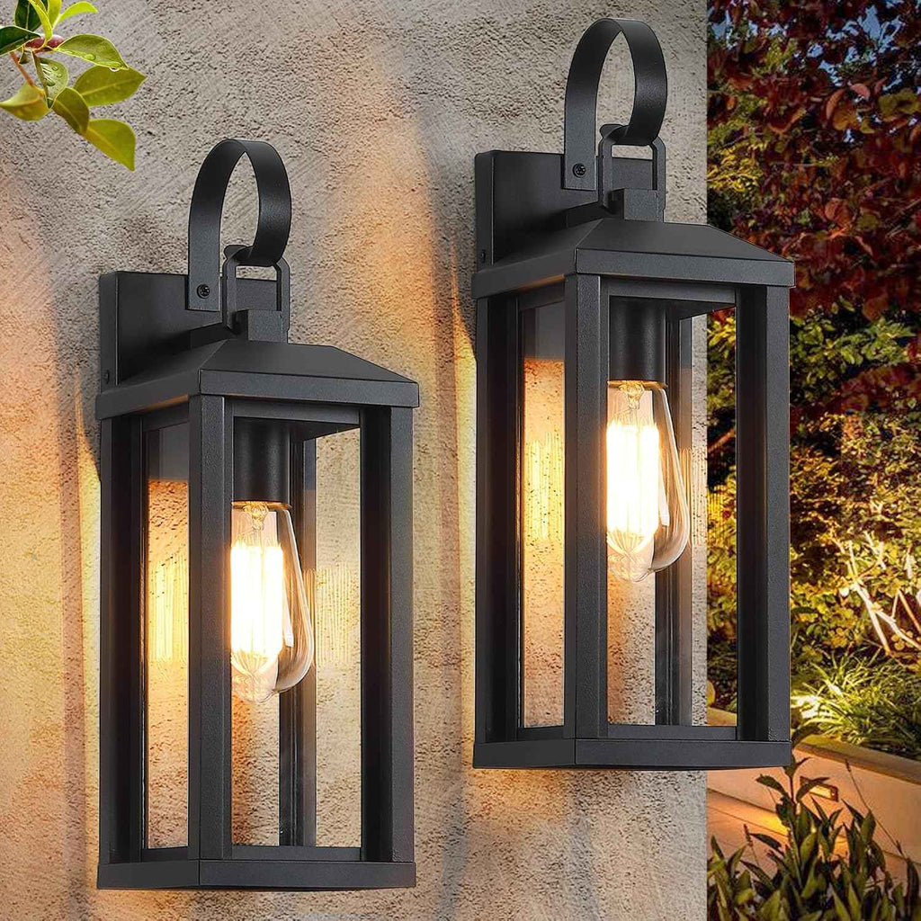 17" Large Outdoor Wall Light Fixtures 2-Pack, Matte Black | Anti-Rust Waterproof, Tempered Glass, Modern Farmhouse, Porch Lights Outdoor Sconces Exterior Lighting for Garage House