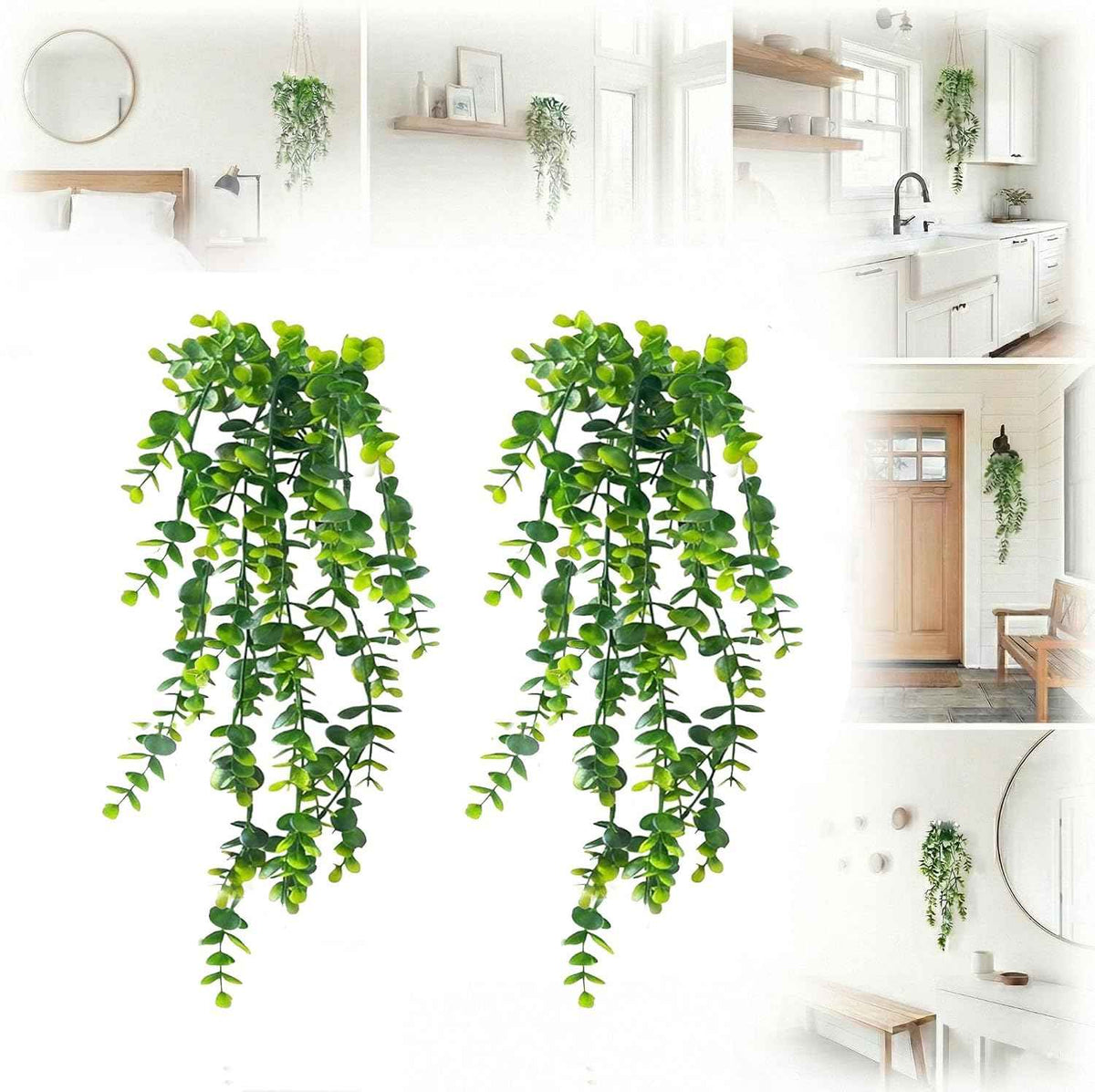2 Pack Fake Hanging Plants, Artificial Potted Plants for Indoor Outdoor Decor - Realistic Faux Eucalyptus Vines in Pots for Boho Bathroom, Bedroom, Shelf, Porch Wall Decor, UV Resistant Greenery