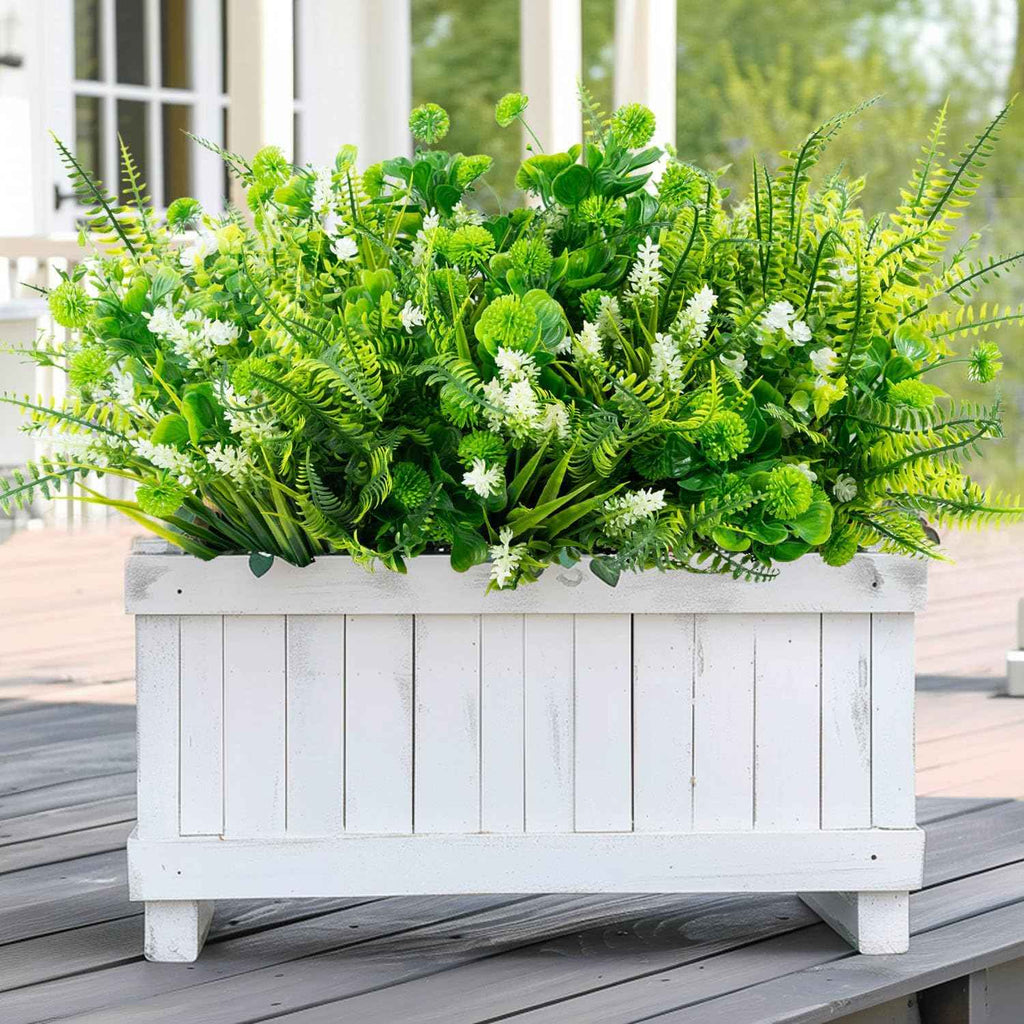 14 Bundles 5 Styles Fake Plants UV Resistant Artificial Outdoor Plant Boston Fern Lavender Plastic Flowers Greenery Shrubs for Outside Front Porch Balcony Patio Garden Home Decor
