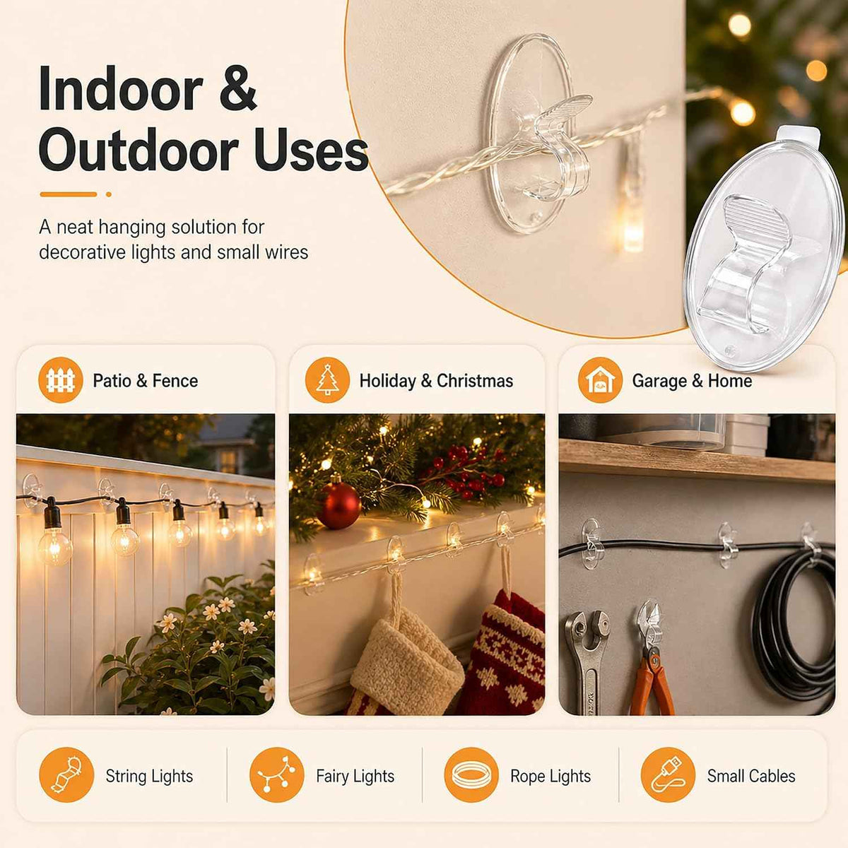 Outdoor String Lights Adhesive Hooks - 20Pcs Clips 3X Stronger Adhesion | Heavy Duty Waterproof Sticky Strips - Clear Removable Cord Holders - Hanging Christmas Decor - Patio Fence Wall Indoor Garage