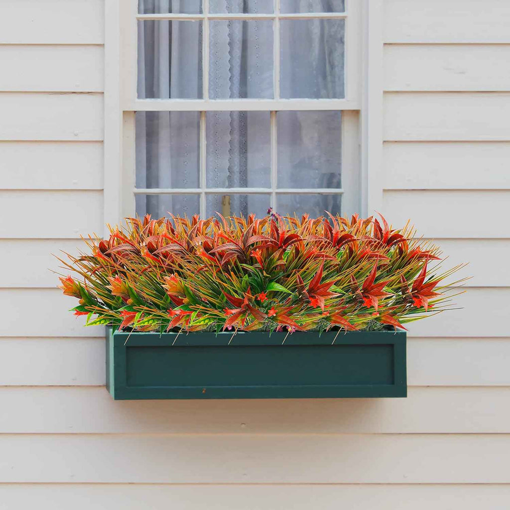 Uieke 6Pcs Outdoor Artificial Plants UV Resistant, Fake Morning Glory Flowers with Orange Grass, Tropical Flowers Fall Leaves Foliage for Garden Patio Sidewalk Décor Red