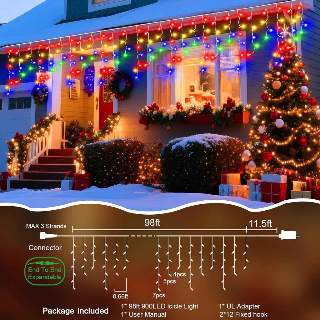 98 Ft Ice Light for Outside, 900 LED Christmas Lights Outdoor Plug in, Christmas Ice Lighting with 8 Modes & Timer for Holiday, Party, Wedding, House, Patio, Outdoor Decor(Multicolor)